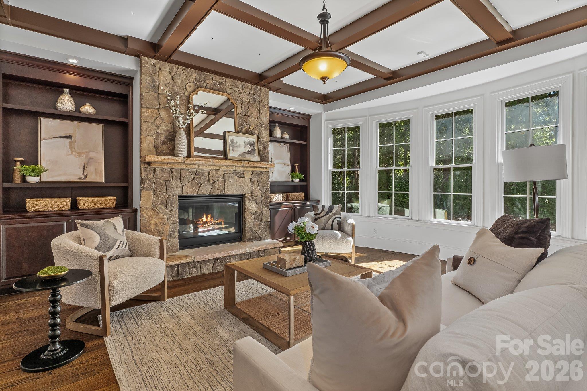 Gorgeous living room w/cofferd ceiling details - 227 Glenmoor Drive, Waxhaw