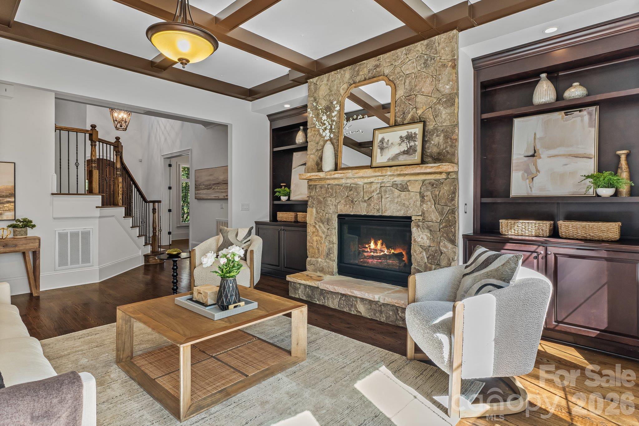 Custom stone fireplace w/built-ins - 227 Glenmoor Drive, Waxhaw