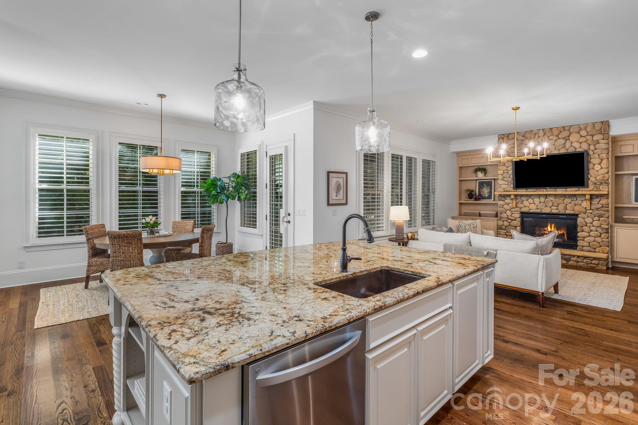 Large kitchen island w/new pendent lights - 227 Glenmoor Drive, Waxhaw