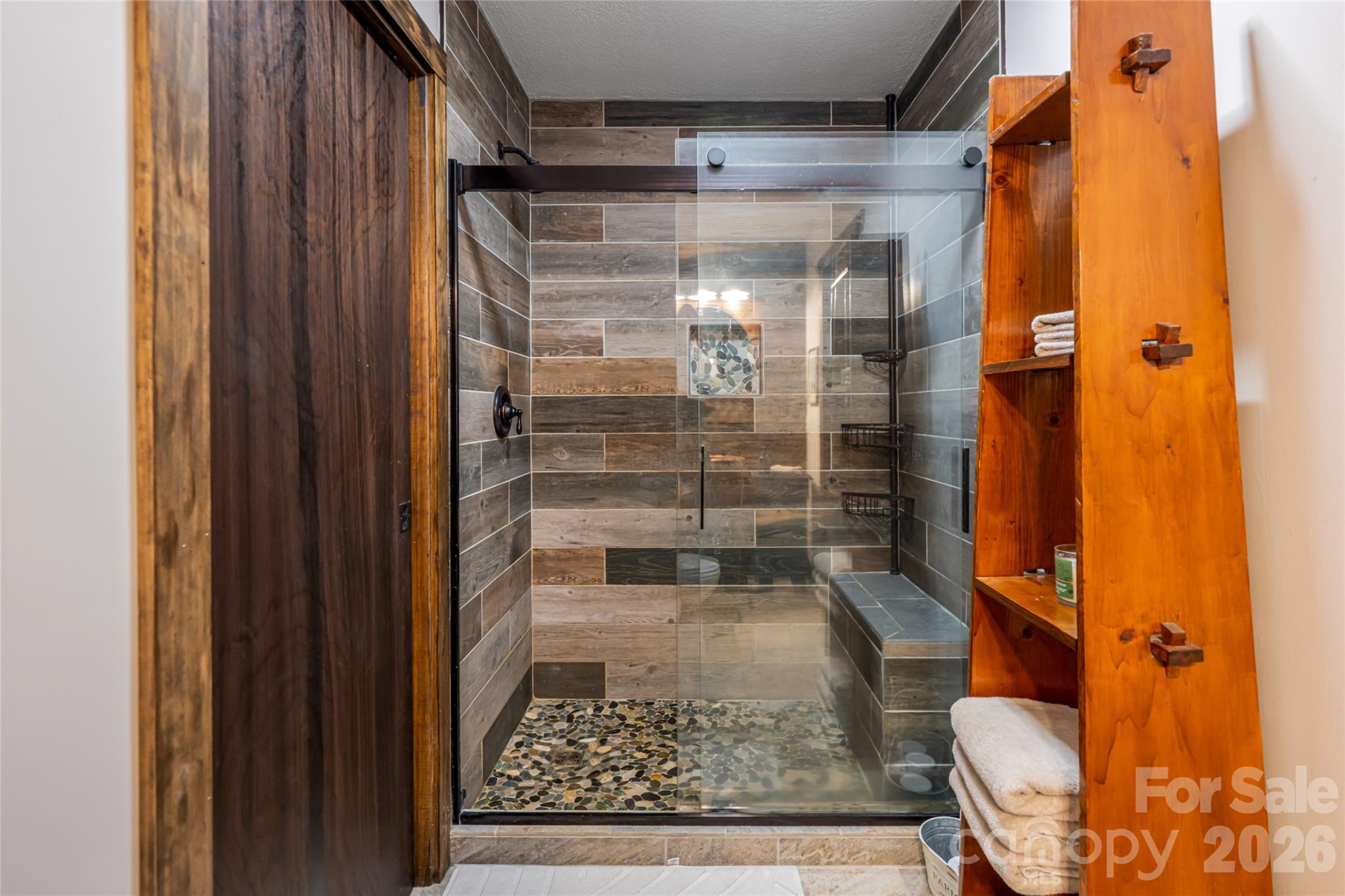 Tiled, Walk-In Shower with Sitting Bench - 19 Forge Drive, Mills River