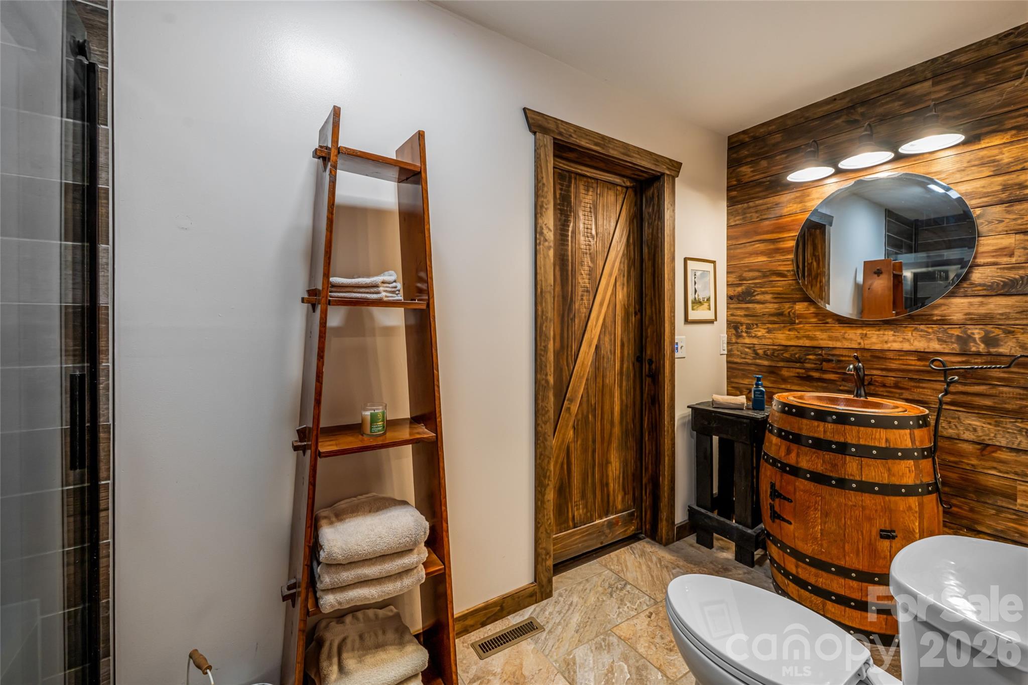 Ensuite Full Bath with Rain Barrel Vanity and Shiplap Wall Accent - 19 Forge Drive, Mills River