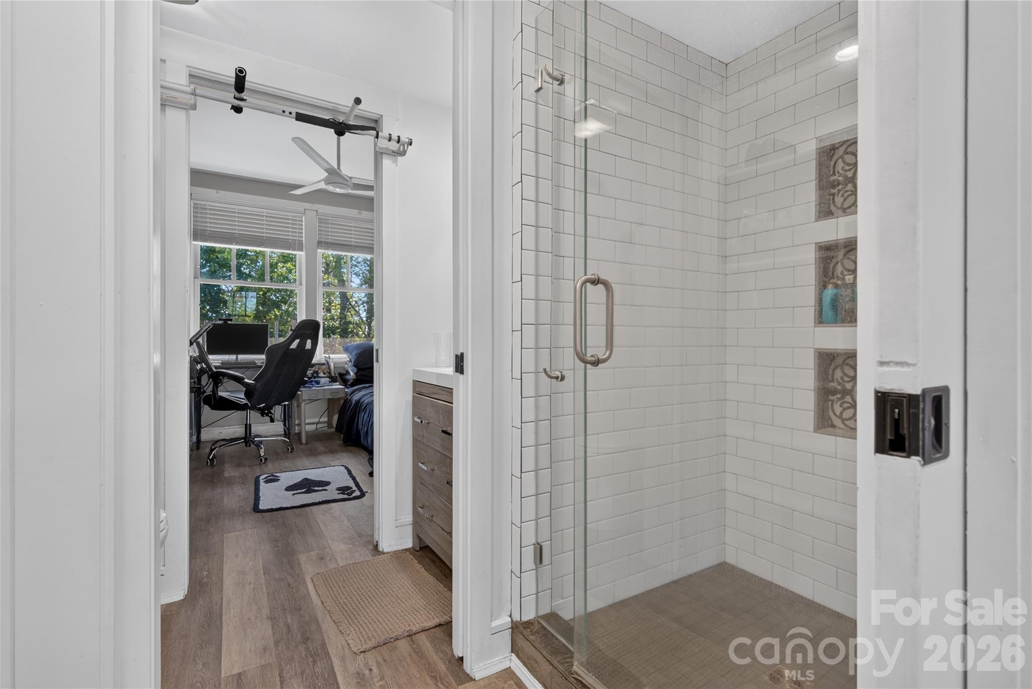 Shared shower between jack and jill vanities, the other vanity to the right of the shower - 1582 Sandy Plains Road, Tryon