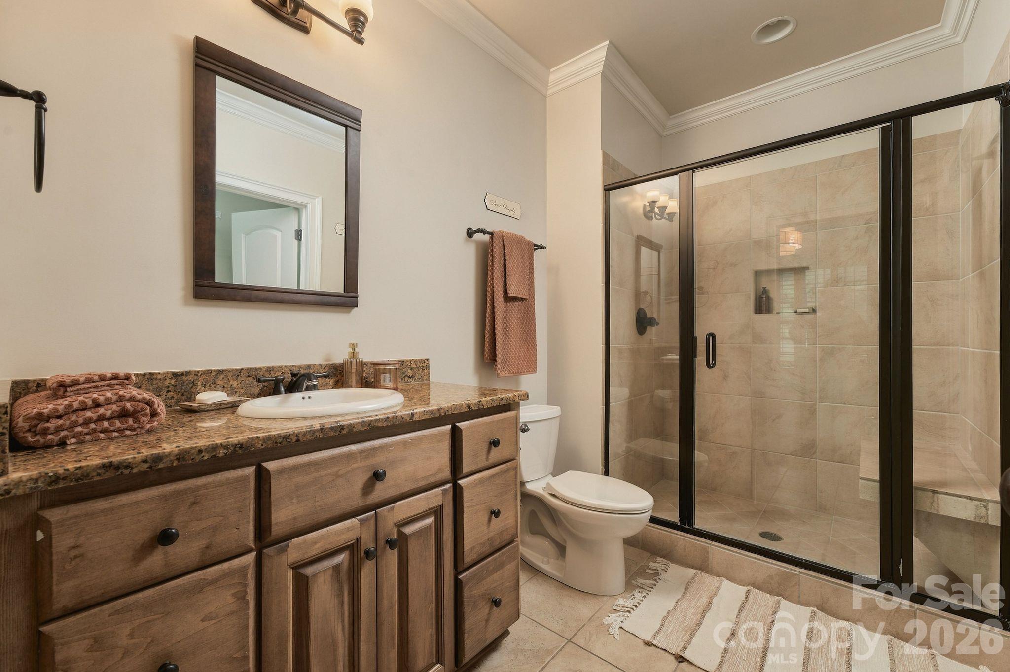 Full basement bathroom with walk-in tile shower - 7275 Flowes Store Road, Concord