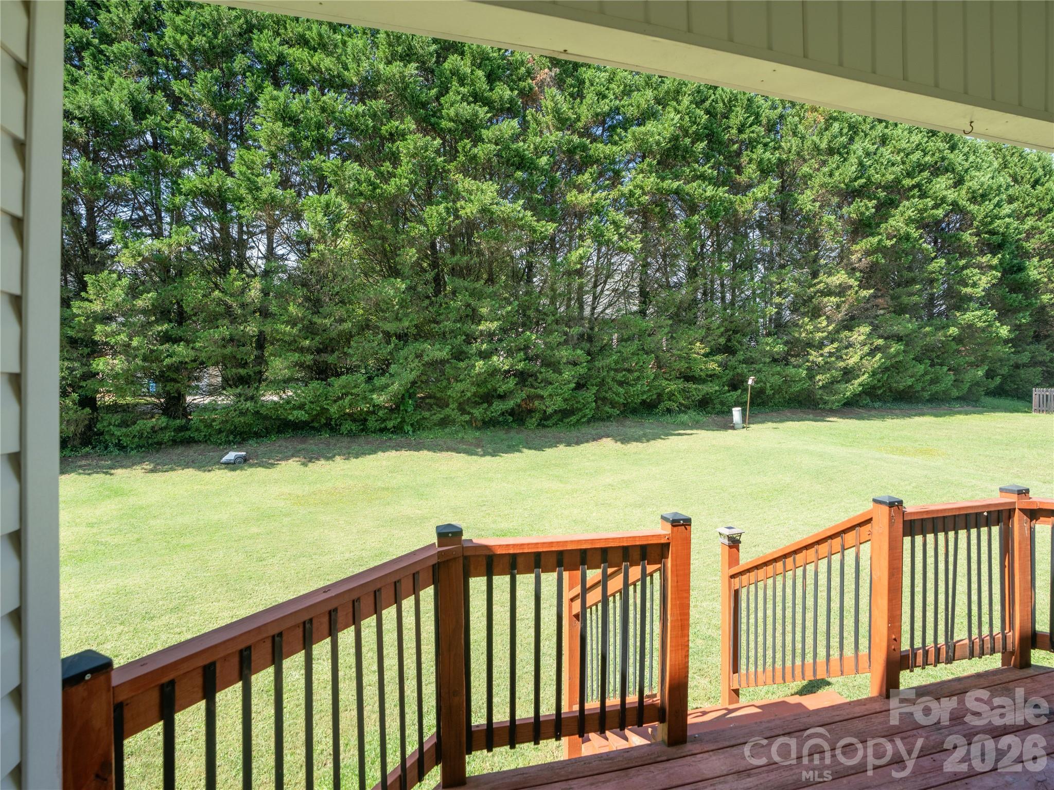 View from the covered deck overlooking a flat, grassy backyard bordered by a dense line of mature evergreen trees for added privacy. - 1011 Overhill Road, Salisbury