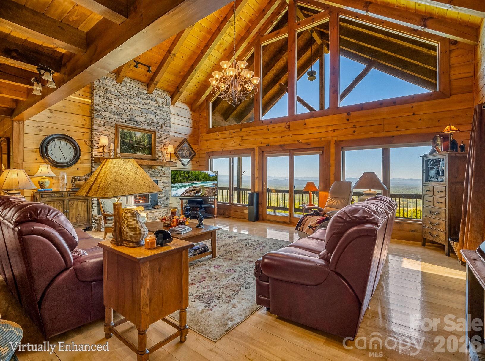 Soaring ceiling and a wall of windows for viewing mountains and sky - 5409 Mineral Springs Mountain Avenue, Valdese