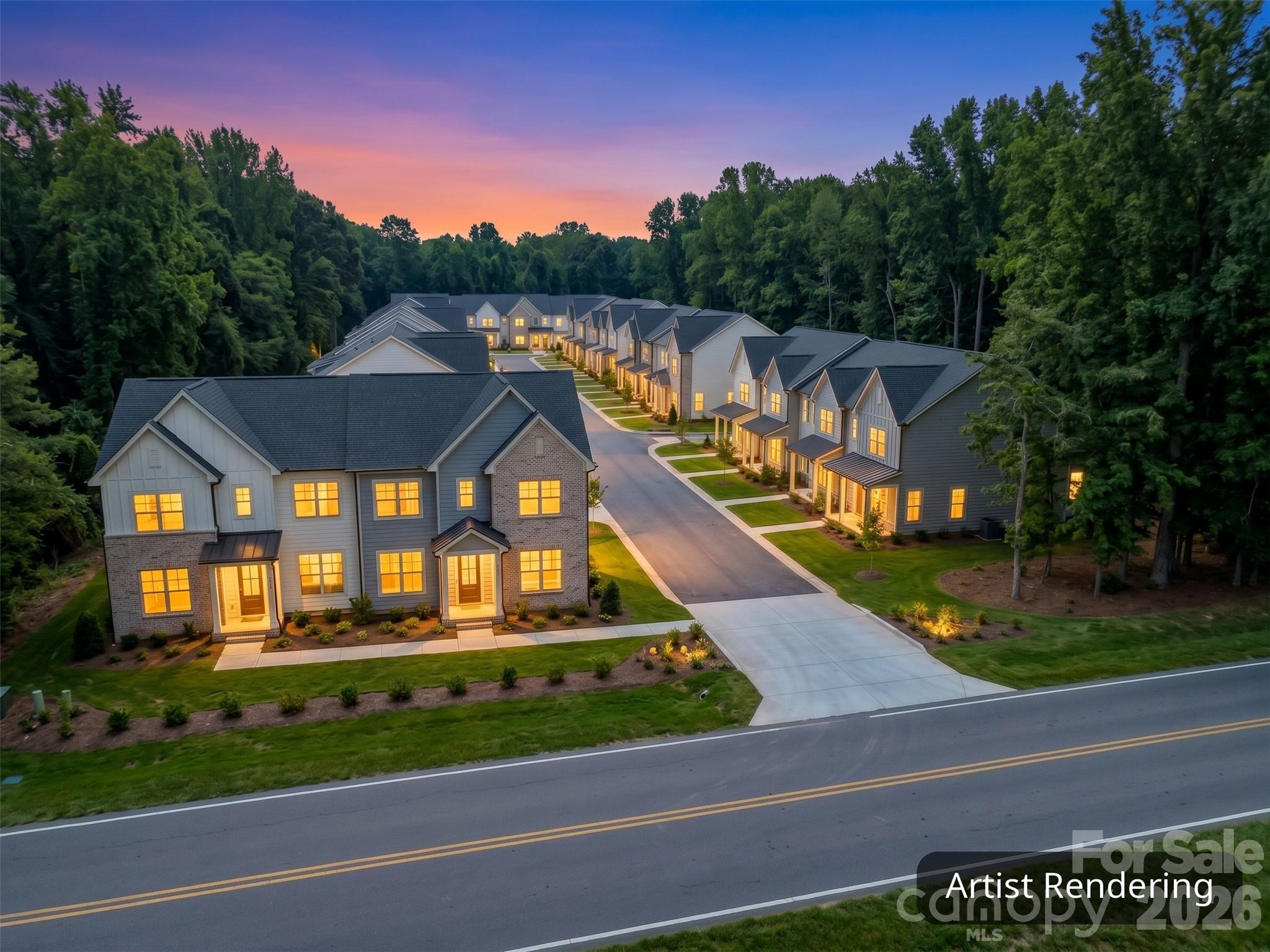 Concept drawing at twilight of townhomes on the acreage. - 3.72 Acres Philadelphia Church Road, Mint Hill