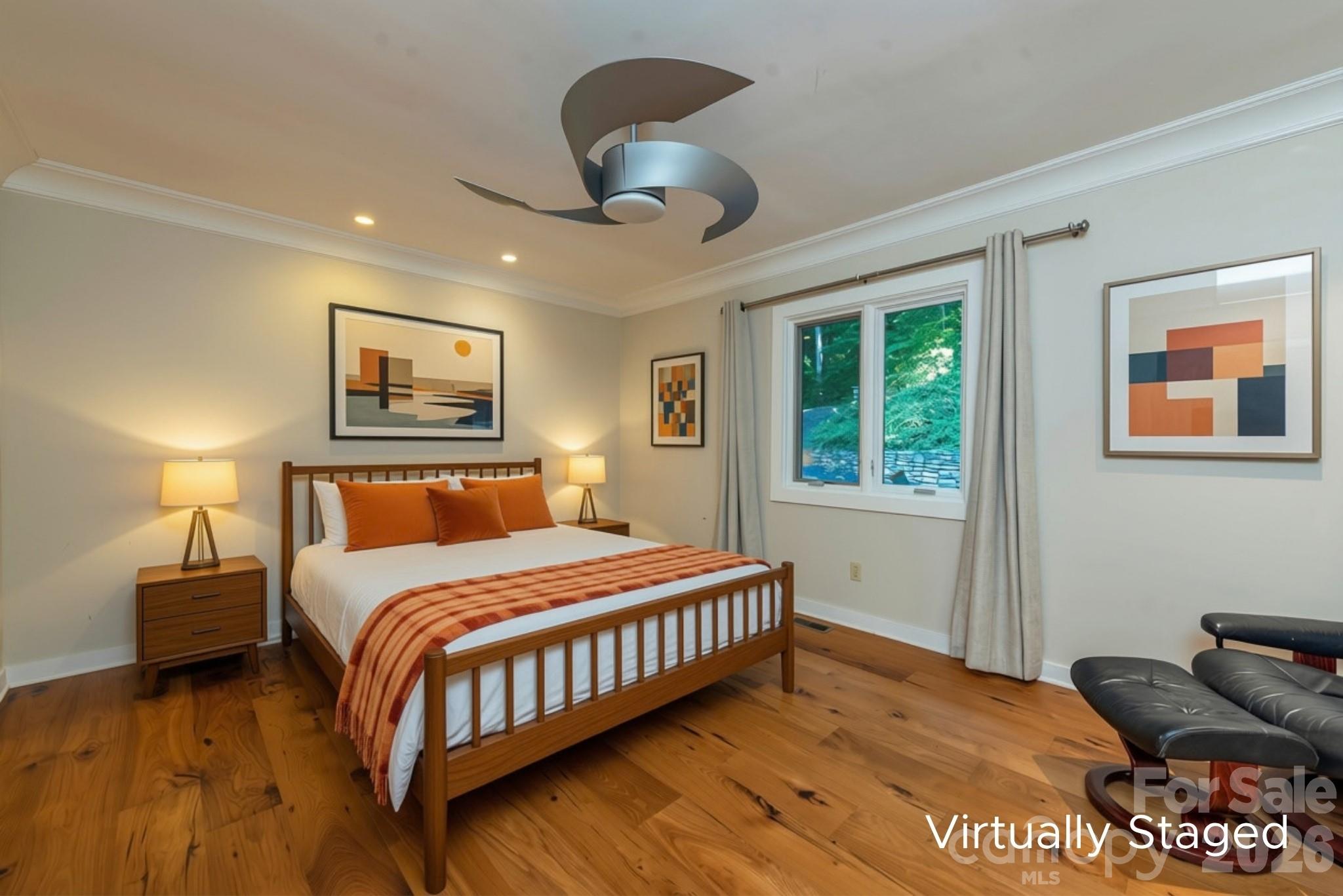 This photo has been adjusted with virtual staging to approximate the room with a Queen bed, two night stands with lamps, and artwork. - 190 Ridgeview Drive, Hendersonville
