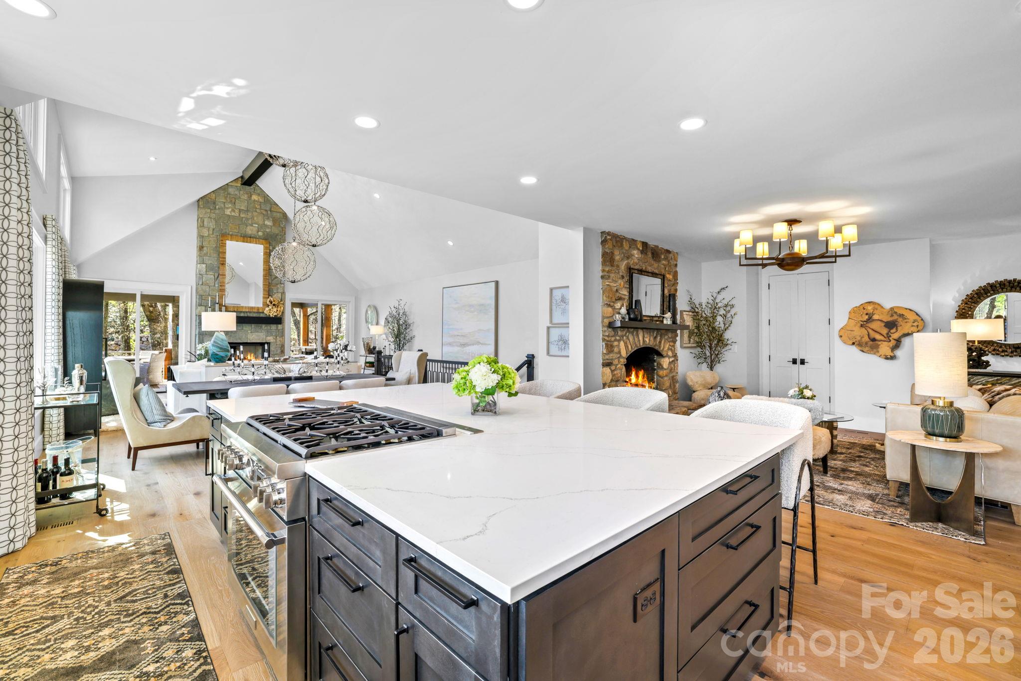 Chef's Kitchen with views into the Great and Hearth Rms - 95 Cardinal Trace, Lake Toxaway