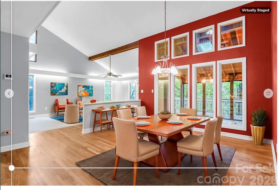 virtually staged: View from Kitchen, toward Dining Room & Living Room w/ vaulted ceiling - 10 Chestnut Ridge Road, Mills River