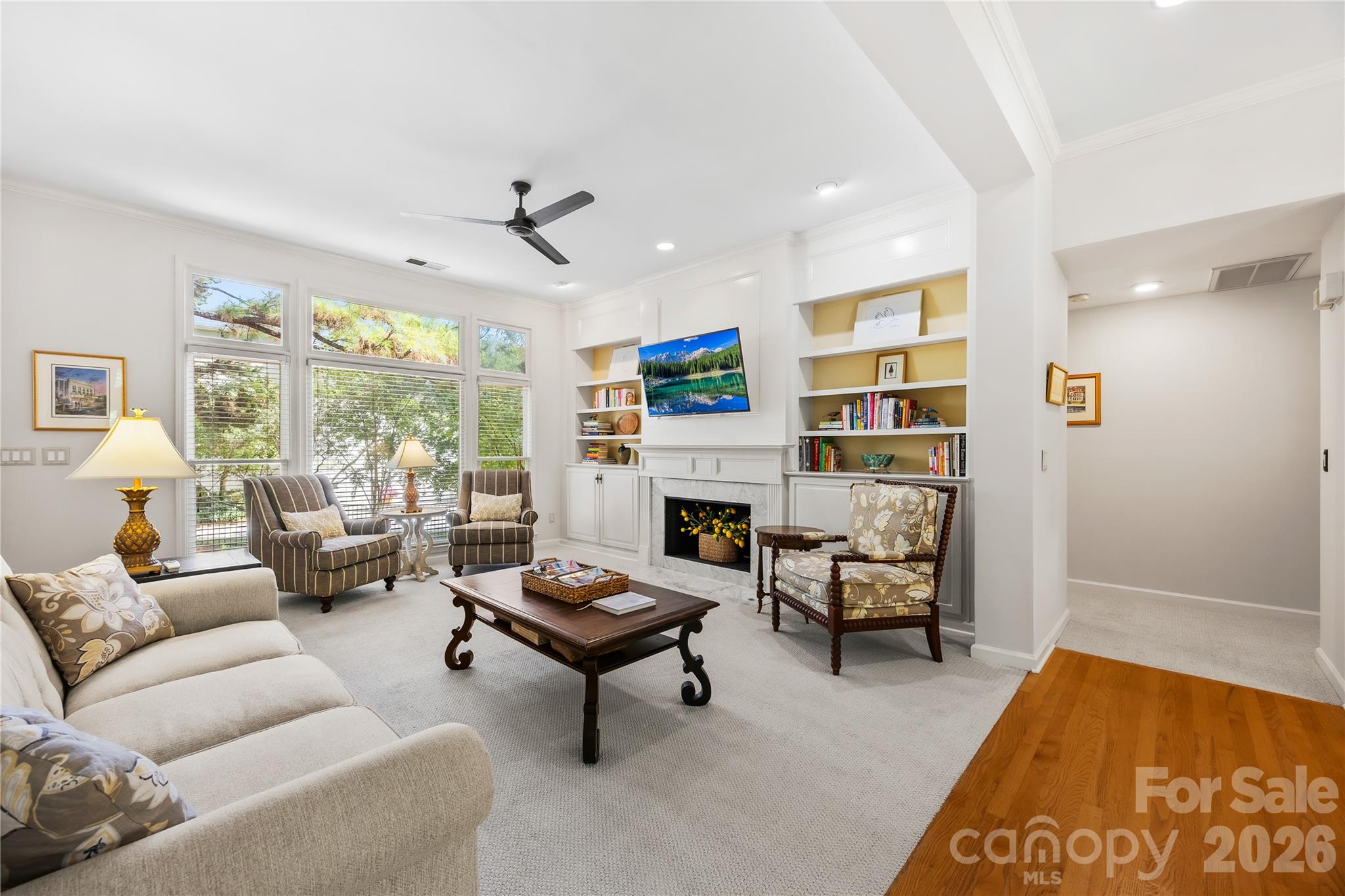 Family room with gas fireplace - 15728 Delancey Lane, Huntersville