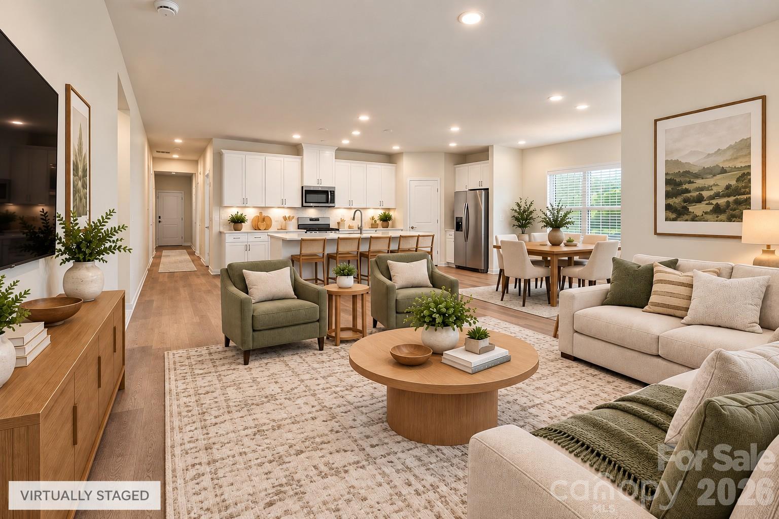 Virtually staged open floor plan- great room, kitchen, and dining area all flow nicely - 151 Bird Dog Drive, Mooresville