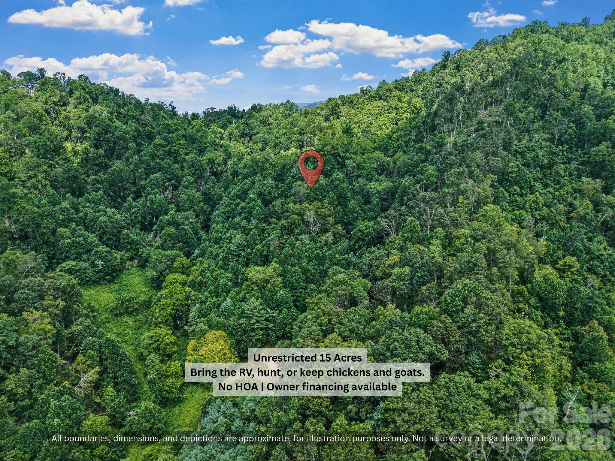Closer aerial of the wooded acreage: private mountain land for a cabin, homestead or hunting retreat - 99999 Bee Branch Road, Bakersville
