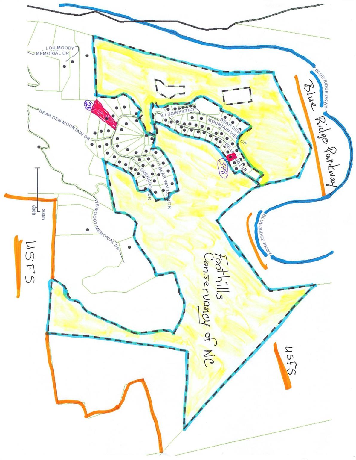 Map showing Conservancy, Blue Ridge Parkway and USFS lands that surround the property - 21 Bear Cub Drive, Spruce Pine