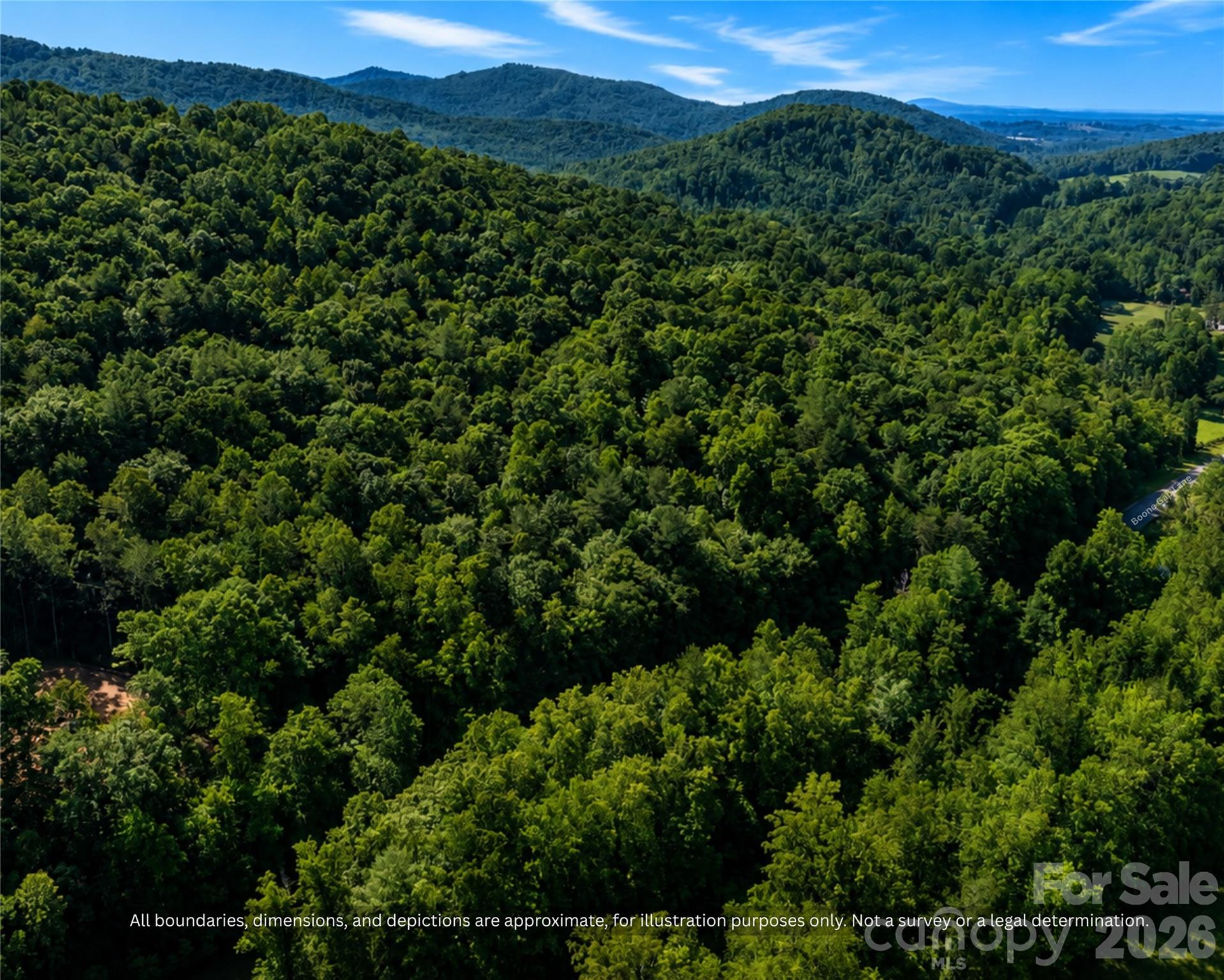 Aerial of the wooded ridge on this land, with mountain views to the north - 99999 Boone Gap Lane, Taylorsville