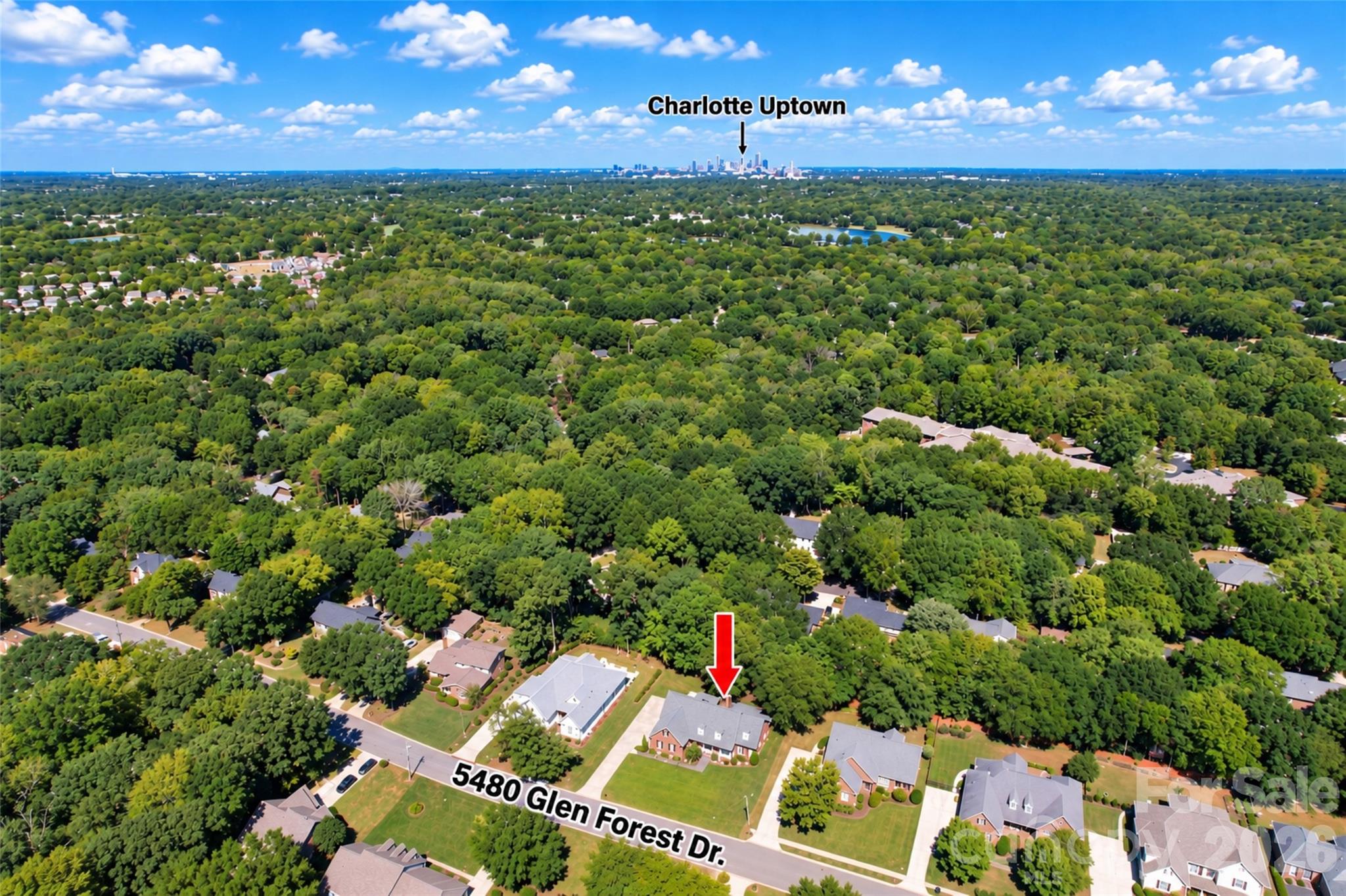 Aerial view facing North to Uptown. Notice closeness to Southpark and more. - 5480 Glen Forest Drive, Charlotte