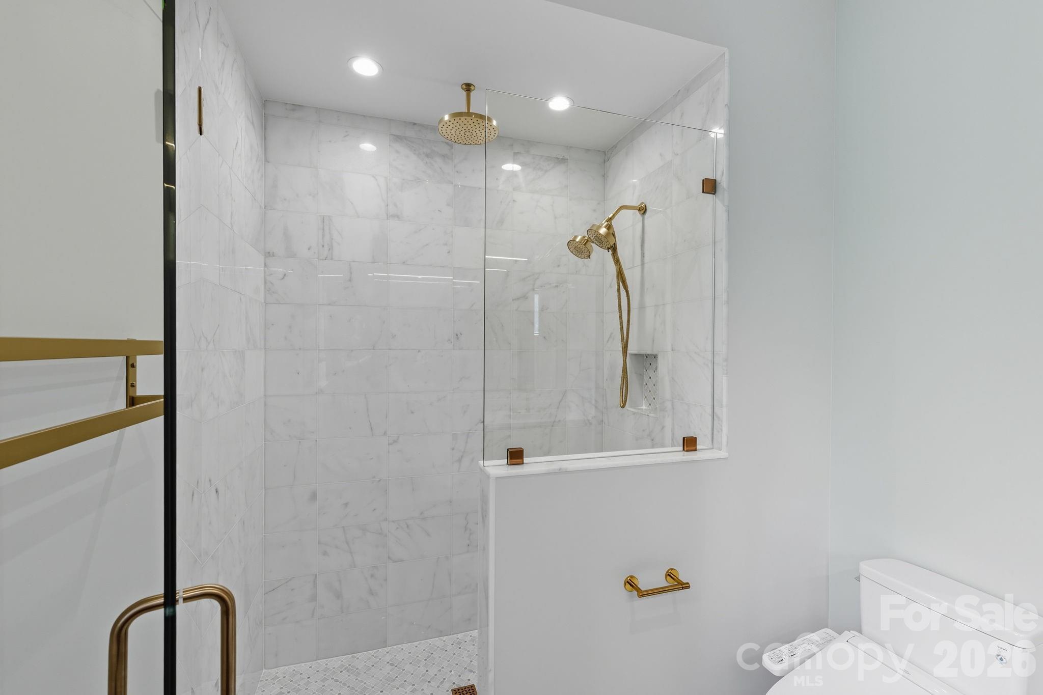 Walk-in Shower with Custom Marble Tile and Rainhead Shower - 25 Ted Linn Drive, Fairview