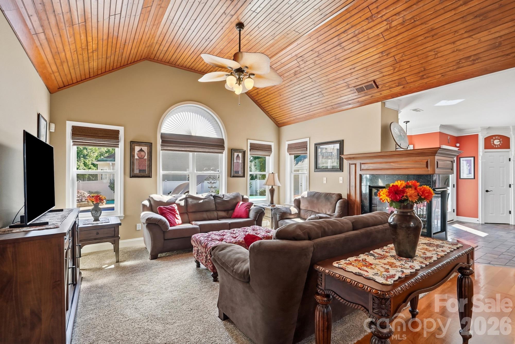 Open and vaulted great room overlooks the backyard entertaining area and boasts the incredibly eye catching ceiling! - 120 Harris Farm Road, Mooresville