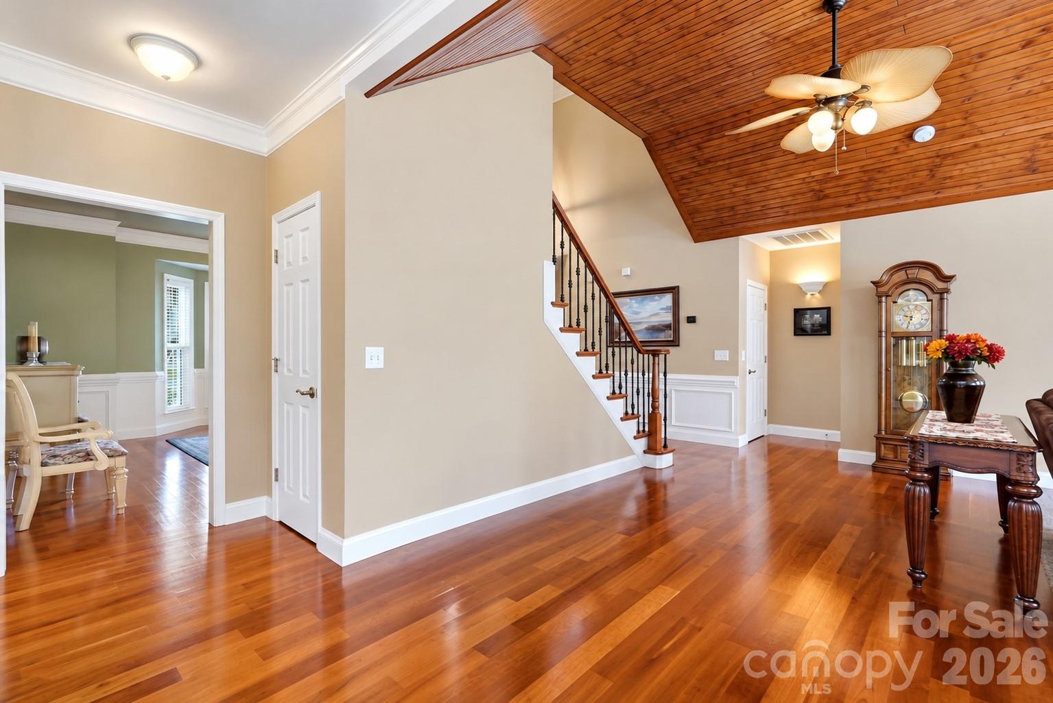 The wood floors gleam and compliment the wood ceiling. - 120 Harris Farm Road, Mooresville