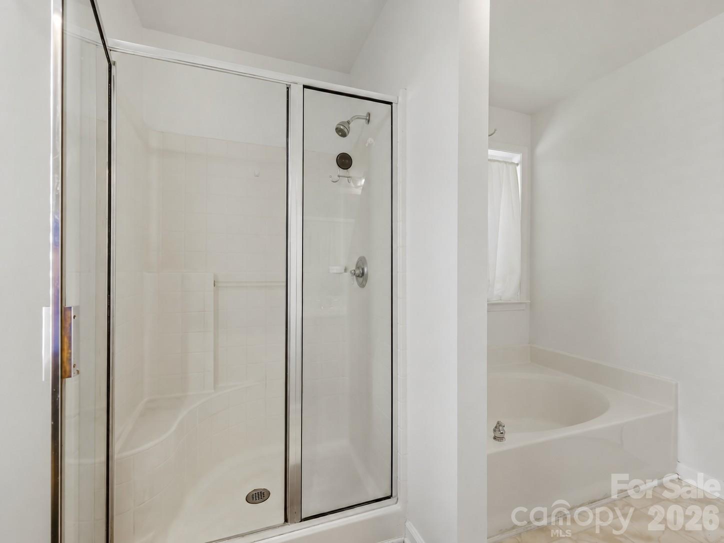 The Primary Bath features a dual-sink vanity, separate glass-enclosed shower, soaking tub, and abundant natural light. - 11732 Windy Mist Way, Huntersville