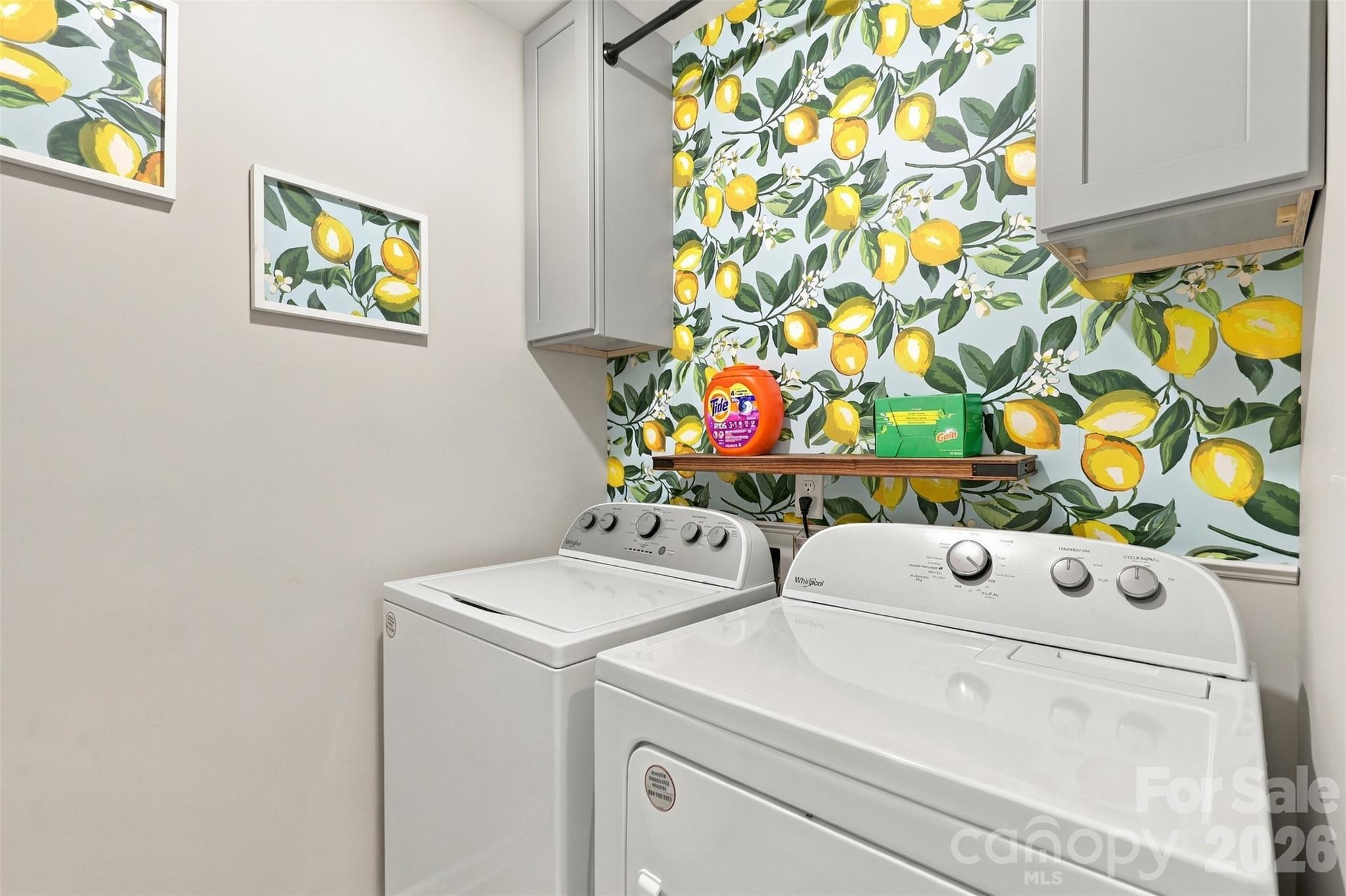 Laundry room w/ thoughtful wallpaper- conveniently placed between the two bedrooms - 1020 Archibald Avenue, Fort Mill