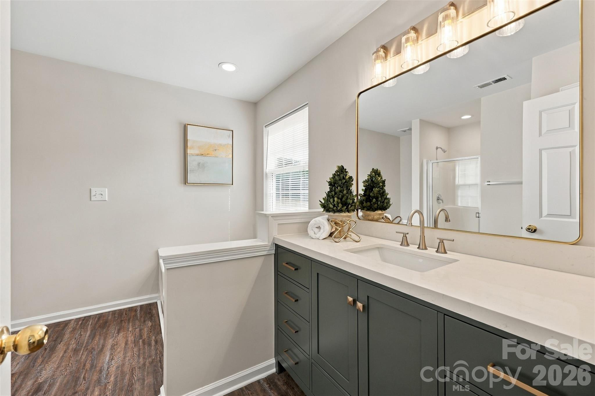 Primary bathroom with new vanity, new mirror and new light fixture - 11705 Kingsley View Drive, Charlotte