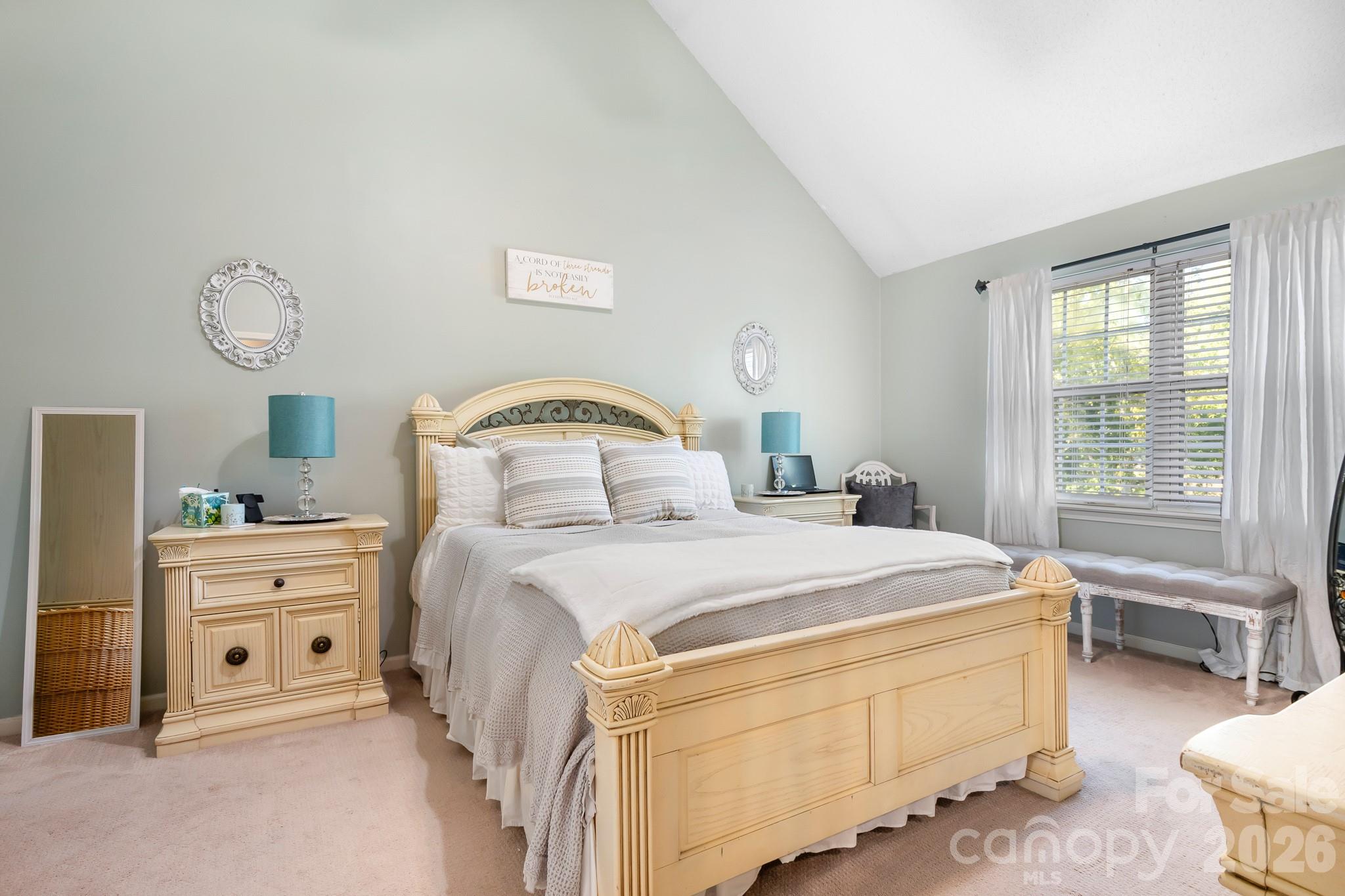 Vaulted Ceilings and Ceiling Fan in the primary Bedroom. Bright Windows overlooking Cul-De-Sac. Prmary Bath and Walk In Closet too! - 4126 Medford Drive NW, Concord