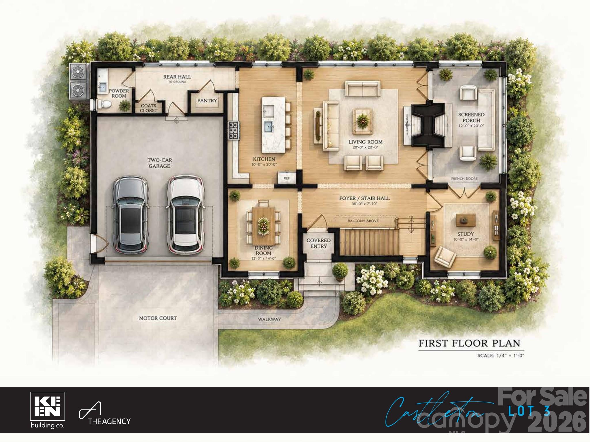 Rendered first floor plan - study, dining, kitchen, living, screened porch (per preliminary plans) - 4420 Castleton Road, Charlotte