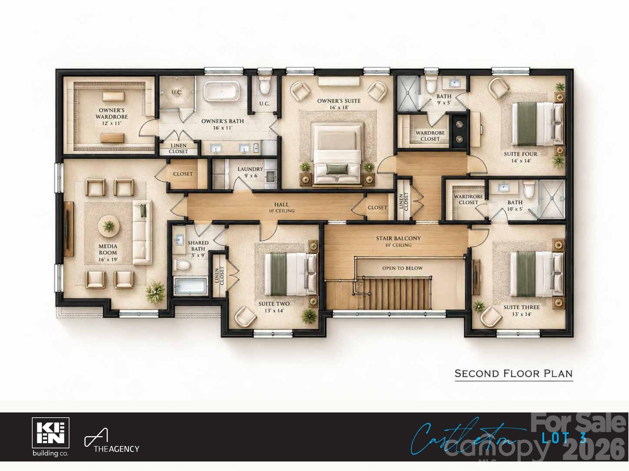 Rendered second floor plan - owner's suite, three more bedrooms, media room - 4420 Castleton Road, Charlotte