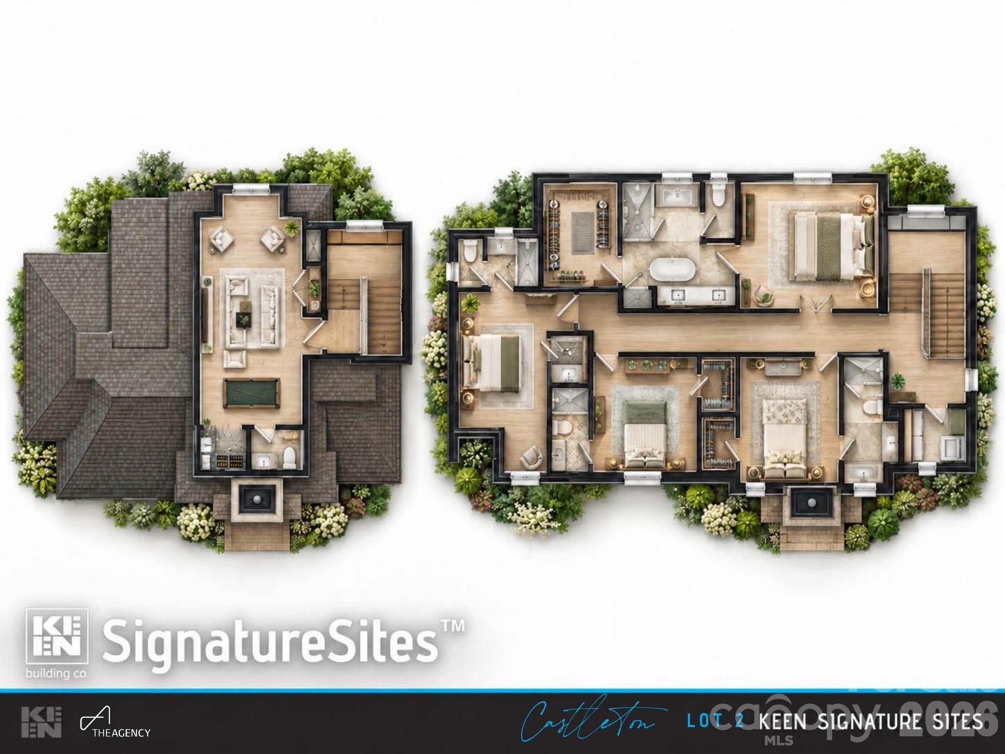 Rendered second and third floor plans - owner's suite, three en-suite bedrooms, media/game room - 4424 Castleton Road, Charlotte