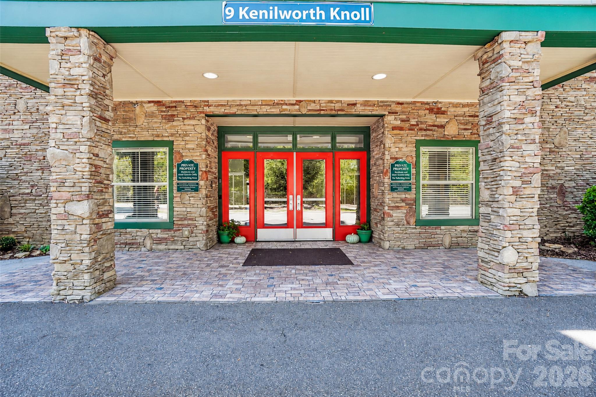 Front entrance of the secured building. - 9 Kenilworth Knolls, Asheville