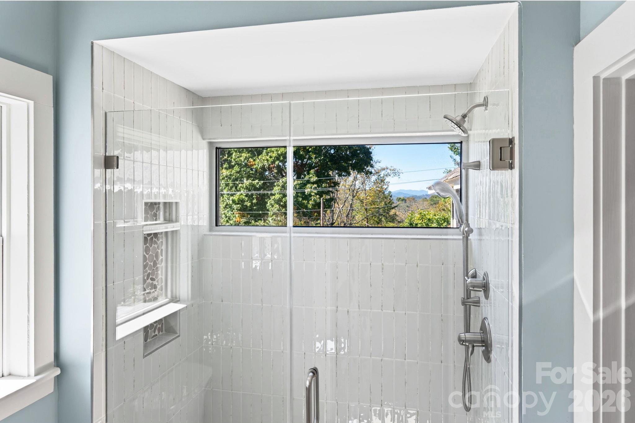 Vertically-Stacked Tiled, Walk-In Shower with Mountain Views - 133 Furman Avenue, Asheville
