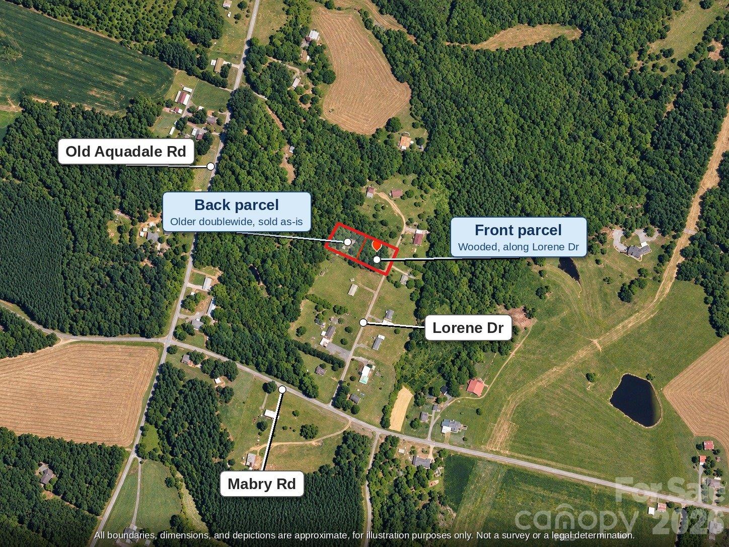 Overhead aerial of the two parcels (front and back) and the roads near Albemarle NC - 99999 Lorene Drive, Albemarle