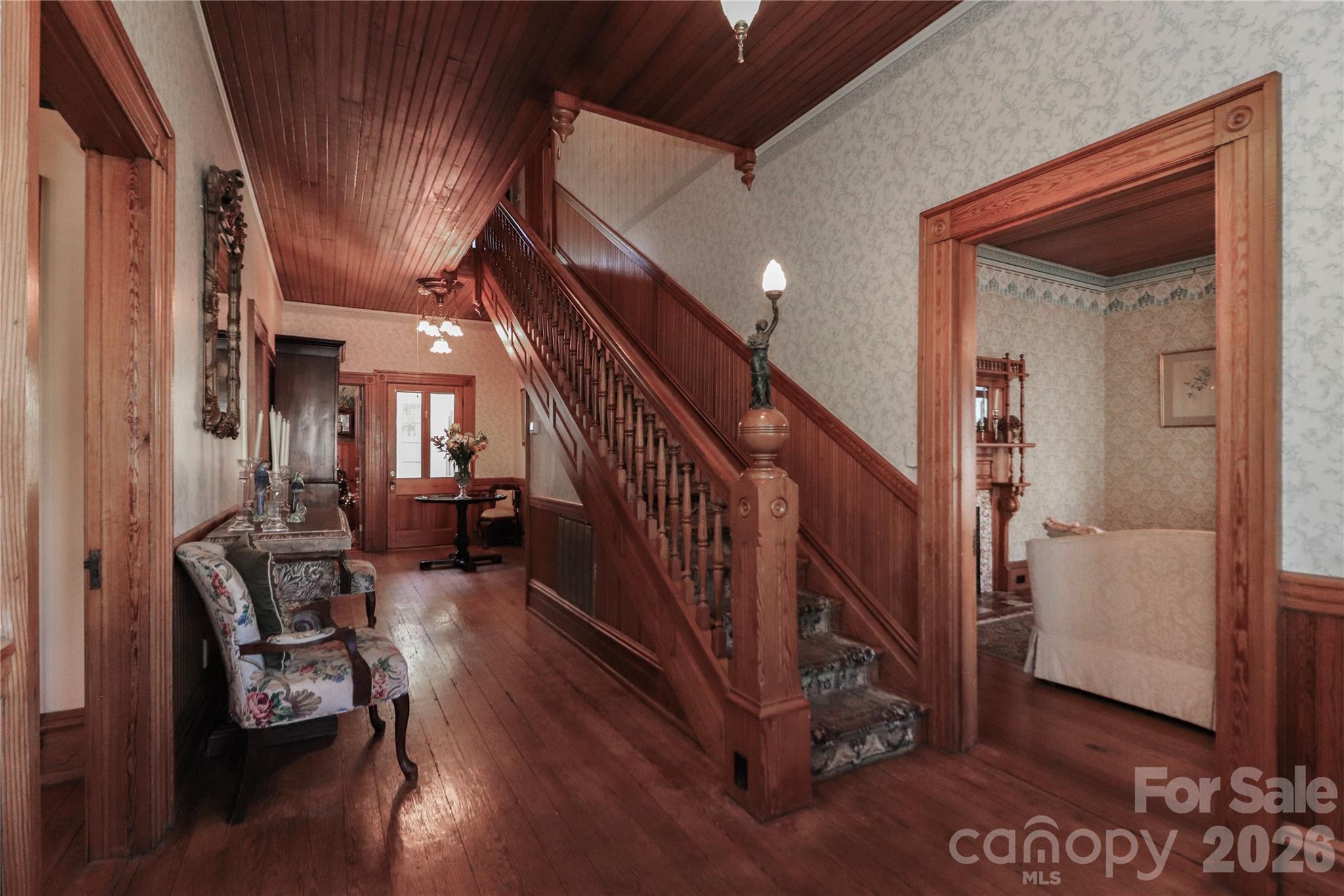 Entry Hall - Original to the house Newel Post Lamp on Staircase - 235 Walnut Street, Statesville
