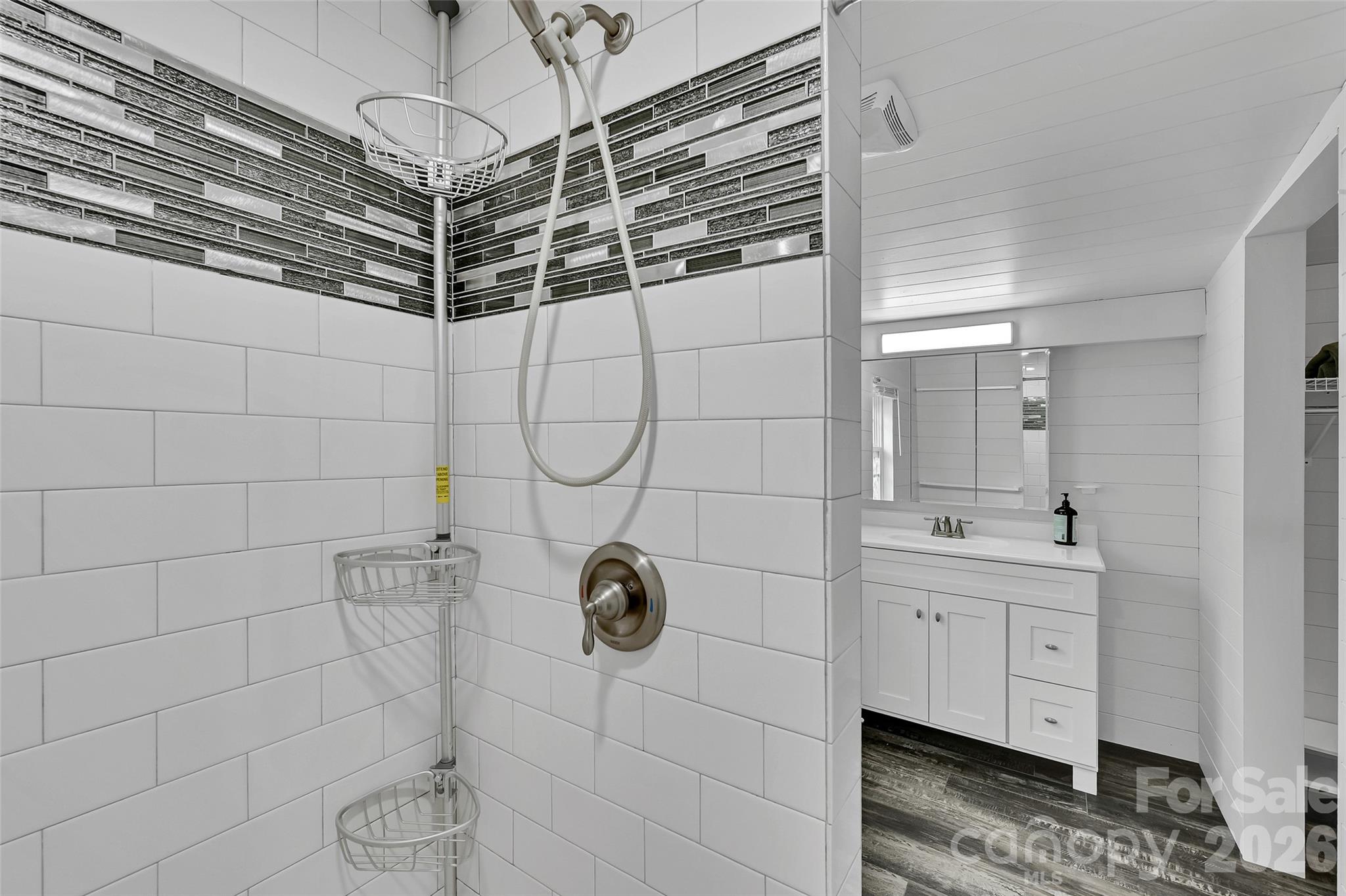 Tiled shower - 209 Old Haw Creek Road, Asheville