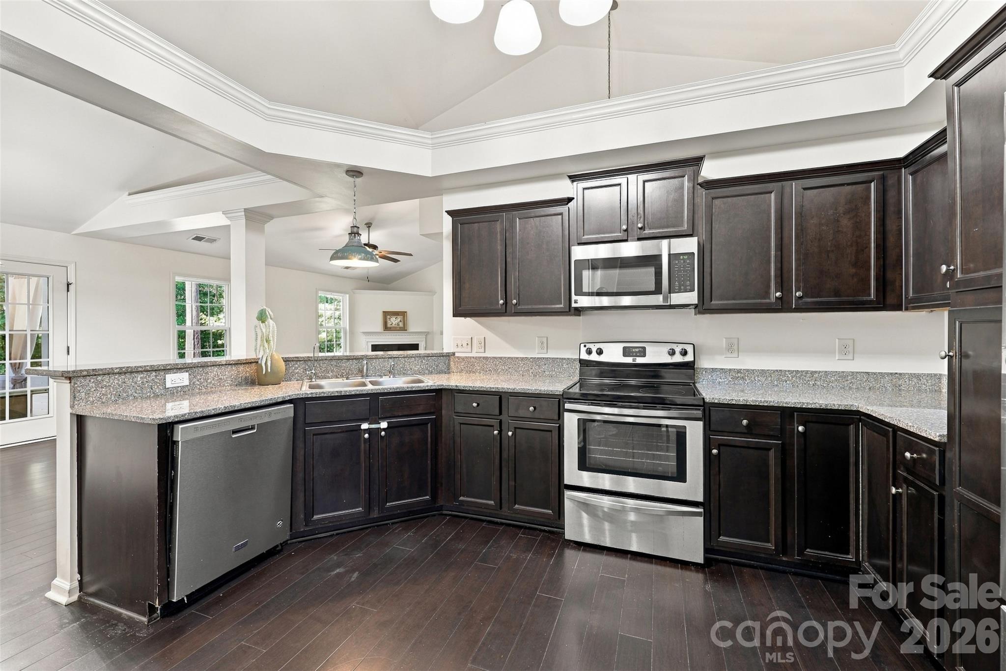 Kitchin with granite countertops, vaulted ceiling and dark walnut cabinets - 123 Sherham Way, Rock Hill