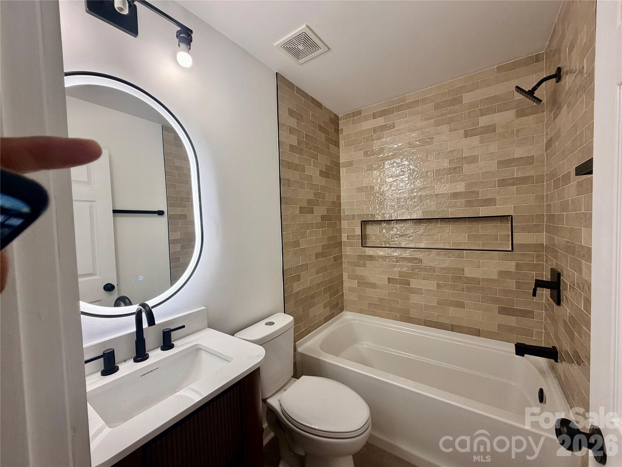Upstairs shared Hall Bath - New Sunken in tub to relax in, New Tile Surround and new tile floors, New Vanity and Heated Lighting Mirror - 116 Huckleberry Lane, Mount Holly