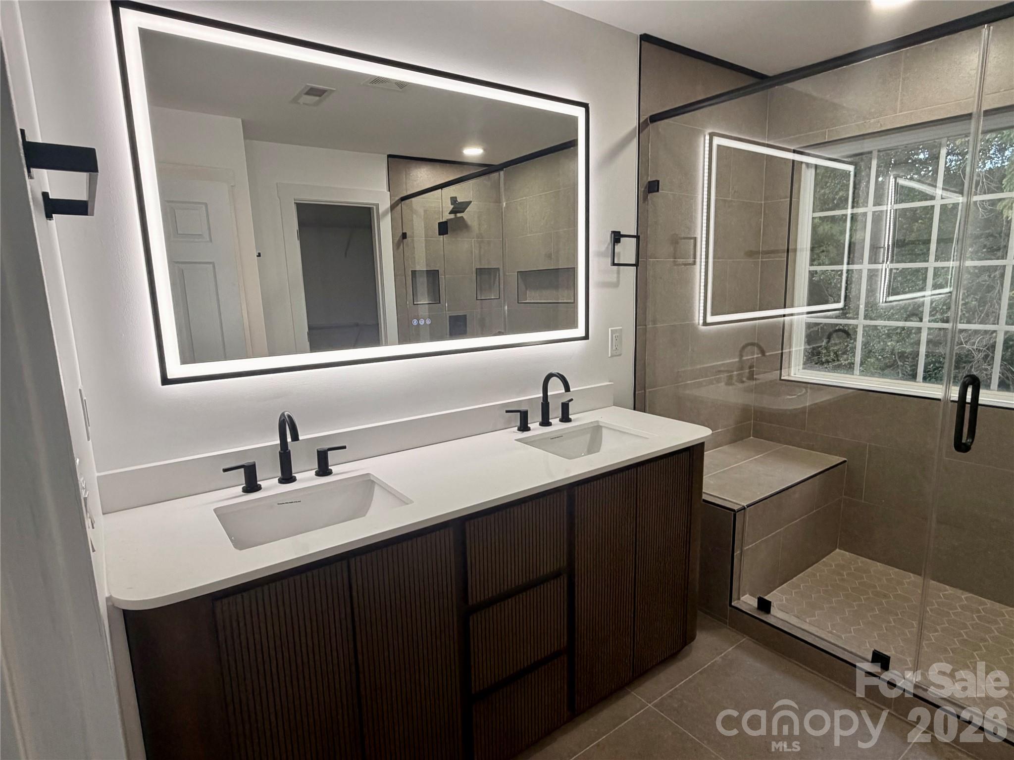 Beautifully upgraded Primary Bathroom with Smart mirror, Double Upgraded Vanity's, all new Tile - 116 Huckleberry Lane, Mount Holly