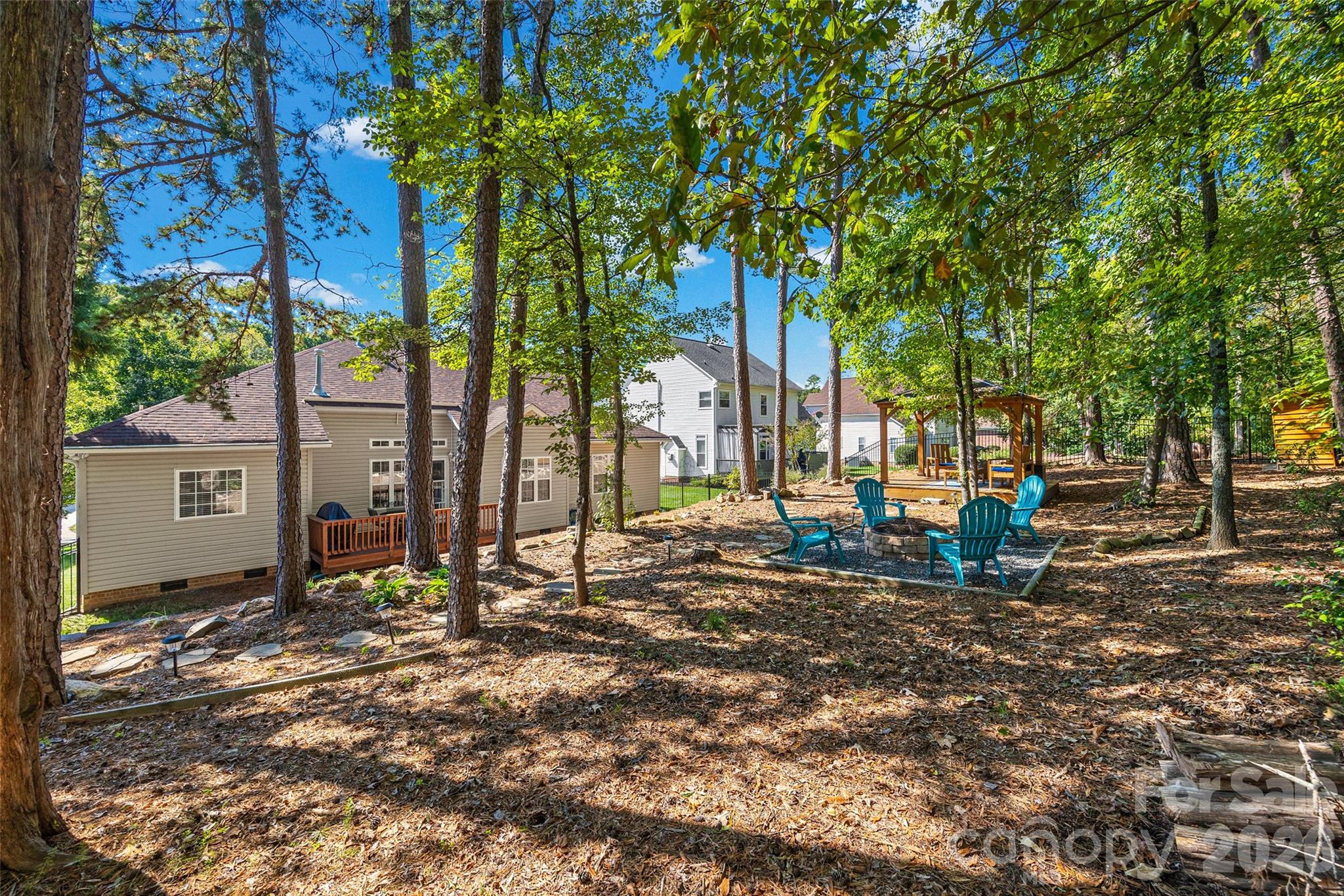 Enjoy this low maintenance charming backyard with space to entertain and take in the natural setting. - 1718 Sanridge Wind Lane, Charlotte