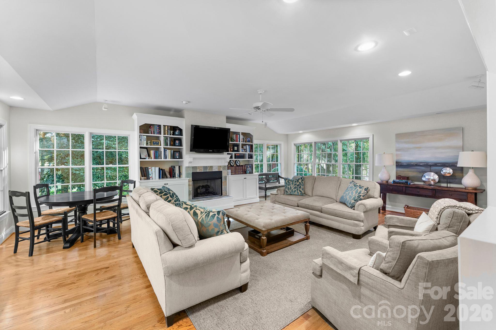 Large Great Room with fireplace and built-in shelves - 2006 Grey Road, Davidson
