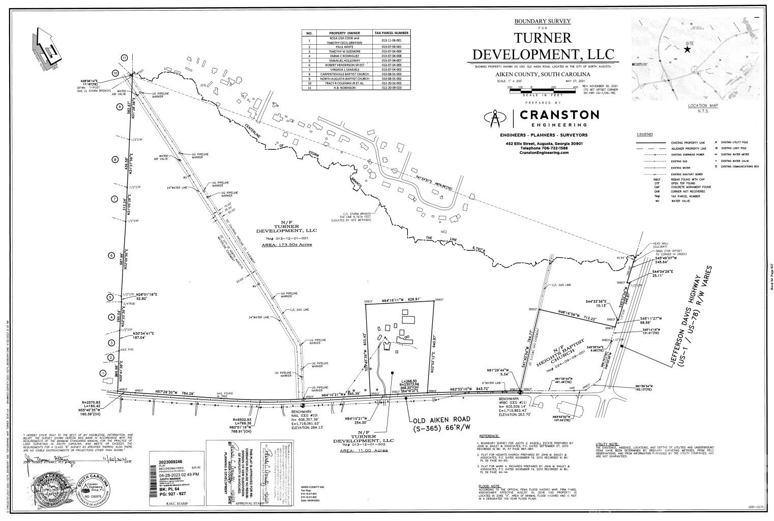 Boundary survey by Cranston Engineering (2021), recorded April 2023 in Plat Book 64, Page 927: 173.50± and 11.00 acre tracts. - 1001 Old Aiken Road, North Augusta