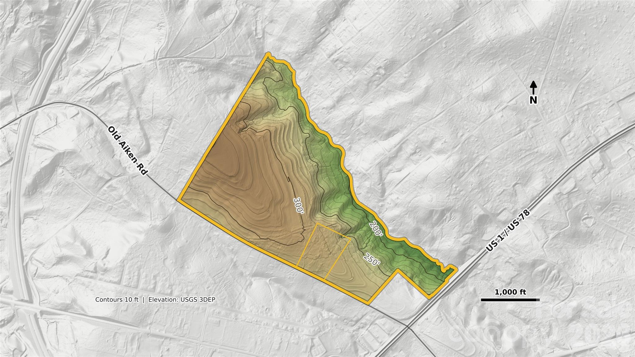 Topographic map (10-foot contours, USGS 3DEP). The land falls from about 300 feet in the west to about 200 feet along the stream on the eastern edge. - 1001 Old Aiken Road, North Augusta