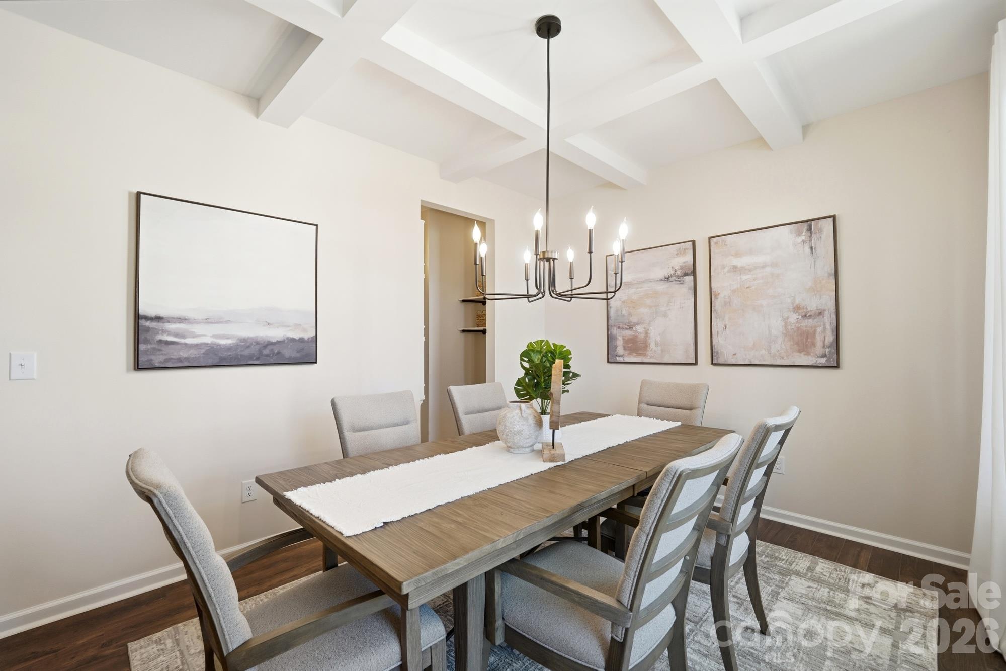 Large Dining room with coffered ceiling - 7656 Tanglewood Way, Denver