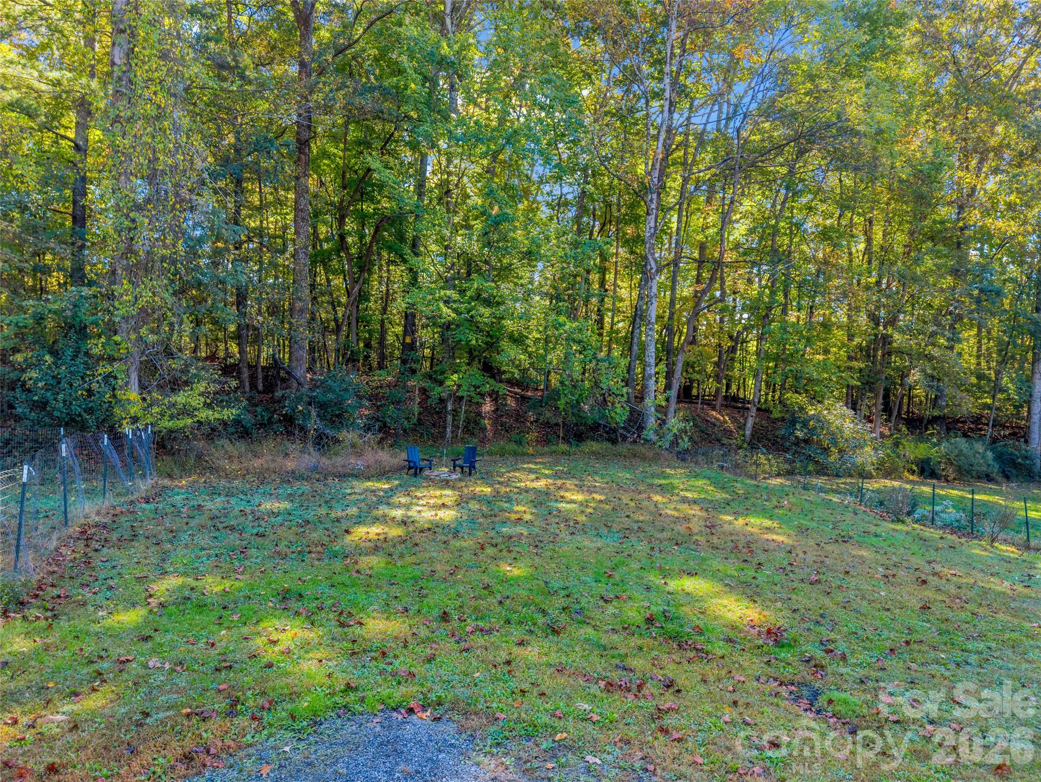 Outdoor space with a fire pit amongst a backdrop of mature trees. - 913 Dorothy Street, Hendersonville