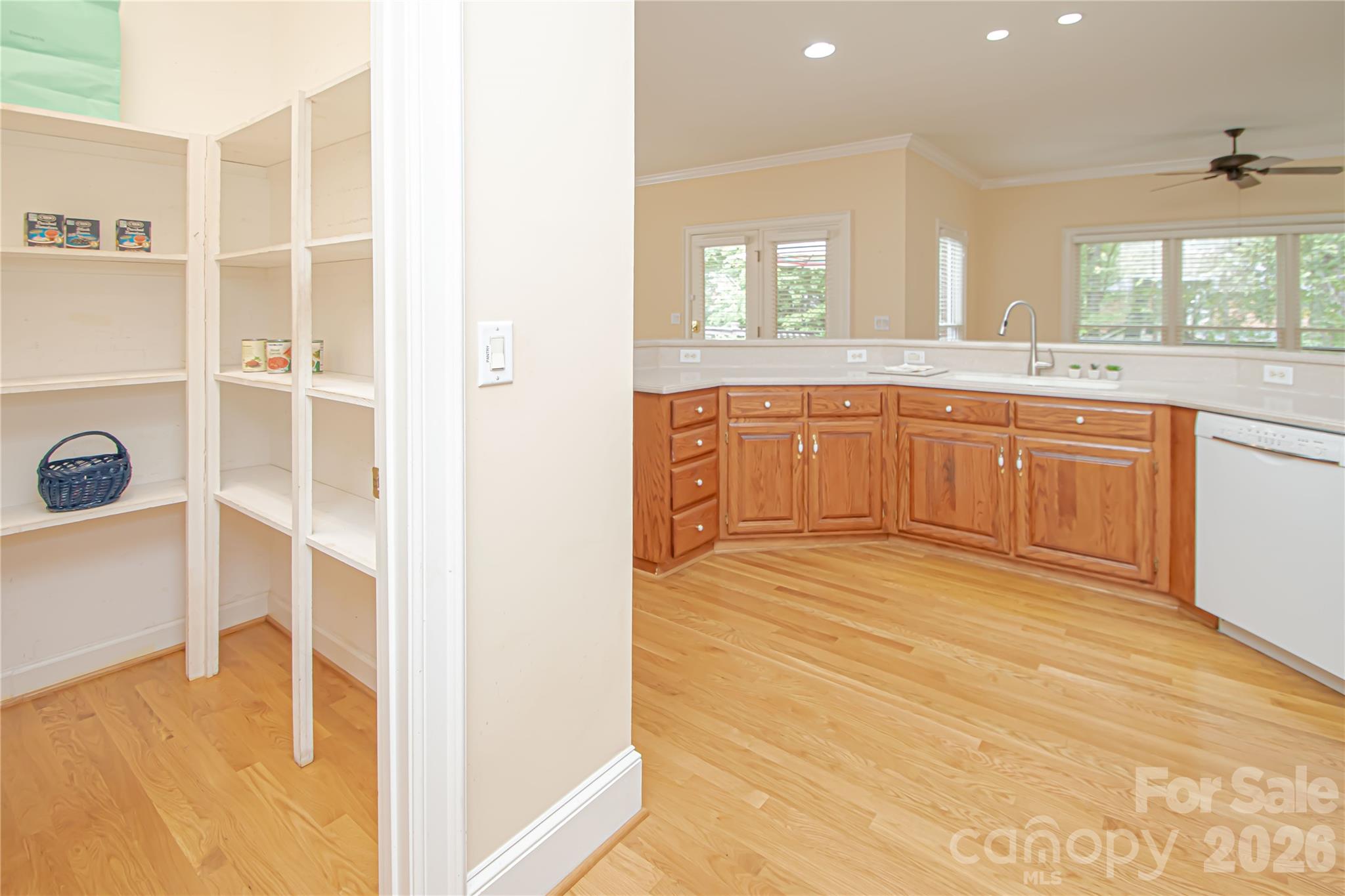Huge walk-in pantry 6'x5' in kitchen with sturdy wood shelves. - 5480 Glen Forest Drive, Charlotte
