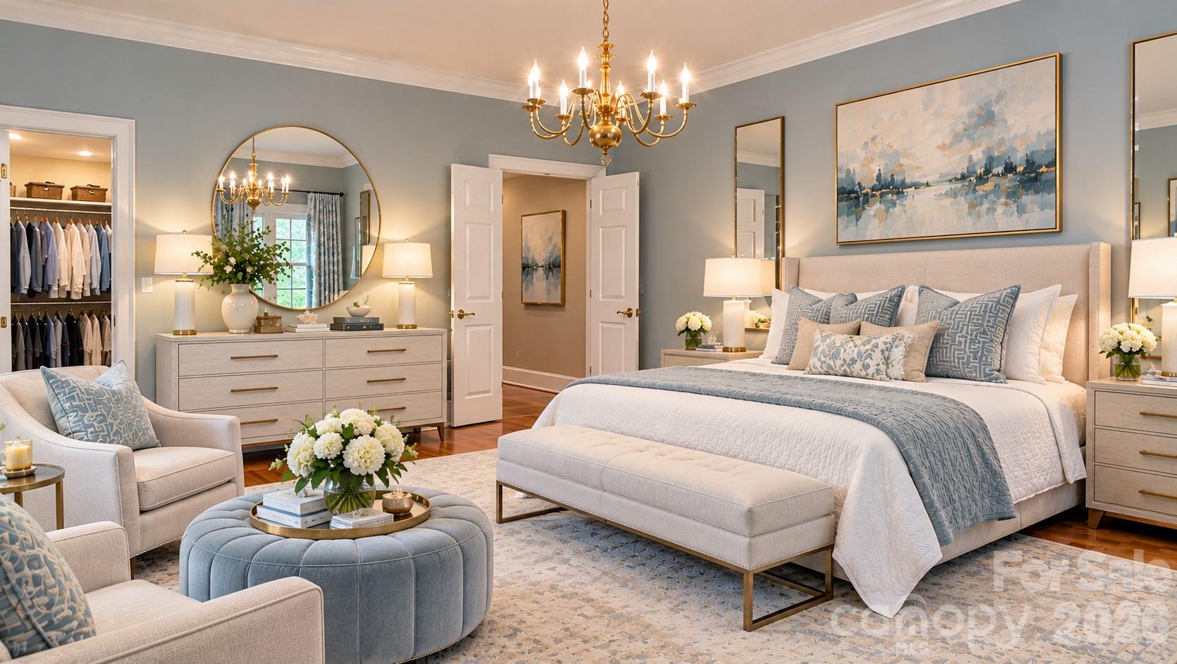 DIGITALLY Staged primary bedroom. - 5480 Glen Forest Drive, Charlotte