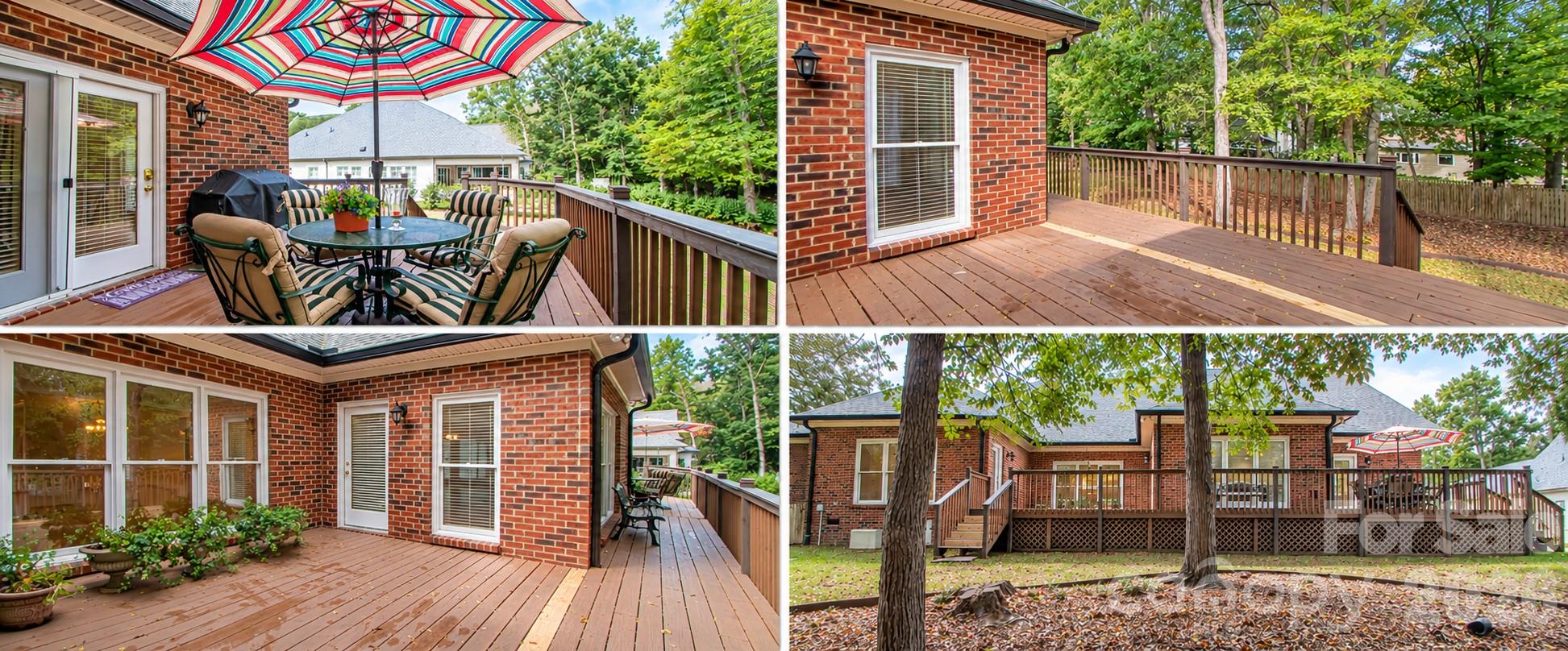 BACK DECK: Left side with table measures 30'x13' with sliding screen. Right side deck by living room size 15'x16'. Note new repaired deck board and new risers on deck stairs (9/26). - 5480 Glen Forest Drive, Charlotte