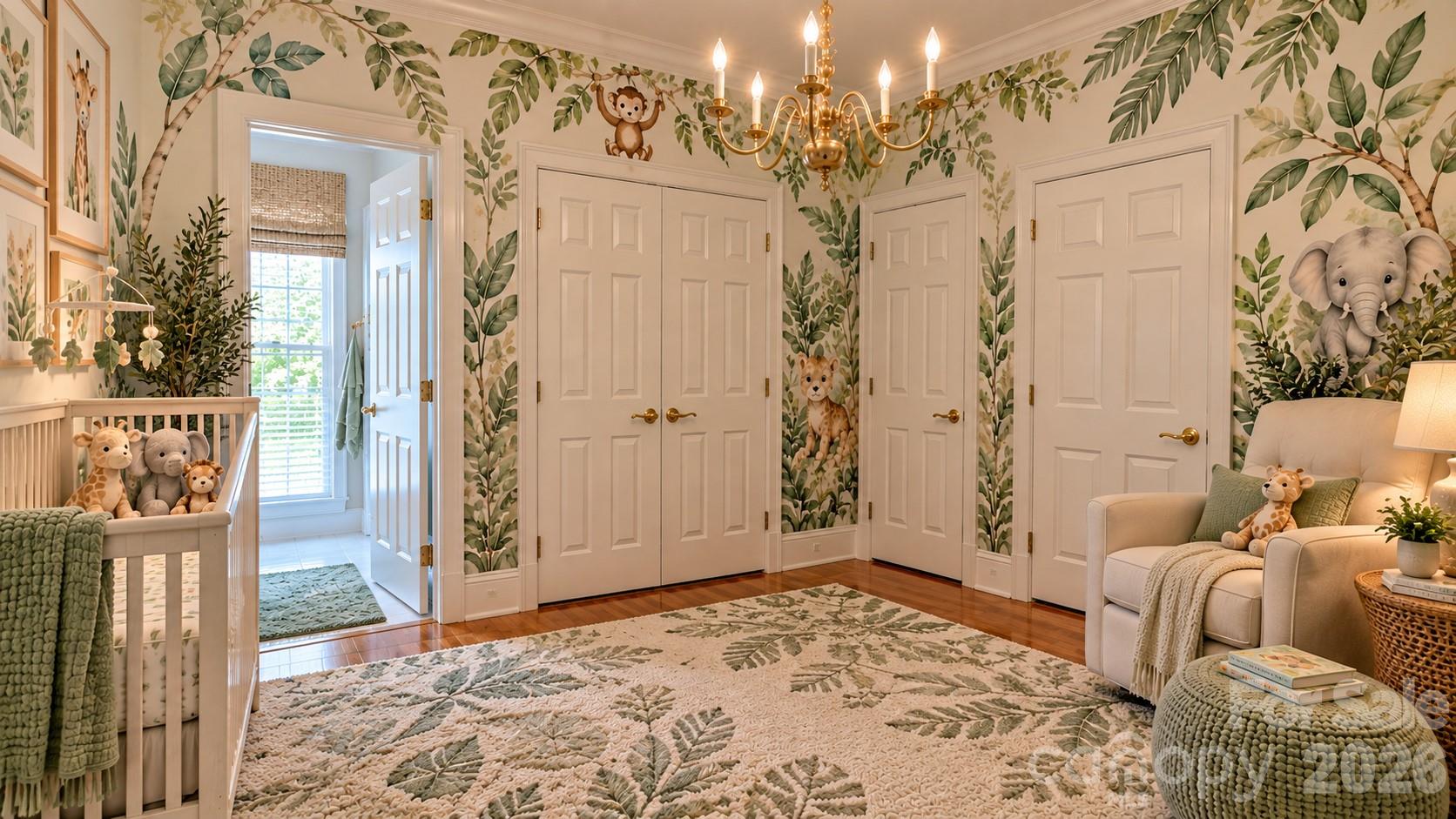 Digitally Staged Corner Bedroom: girl or baby room idea. Door to the righ opens to the long hallway. - 5480 Glen Forest Drive, Charlotte