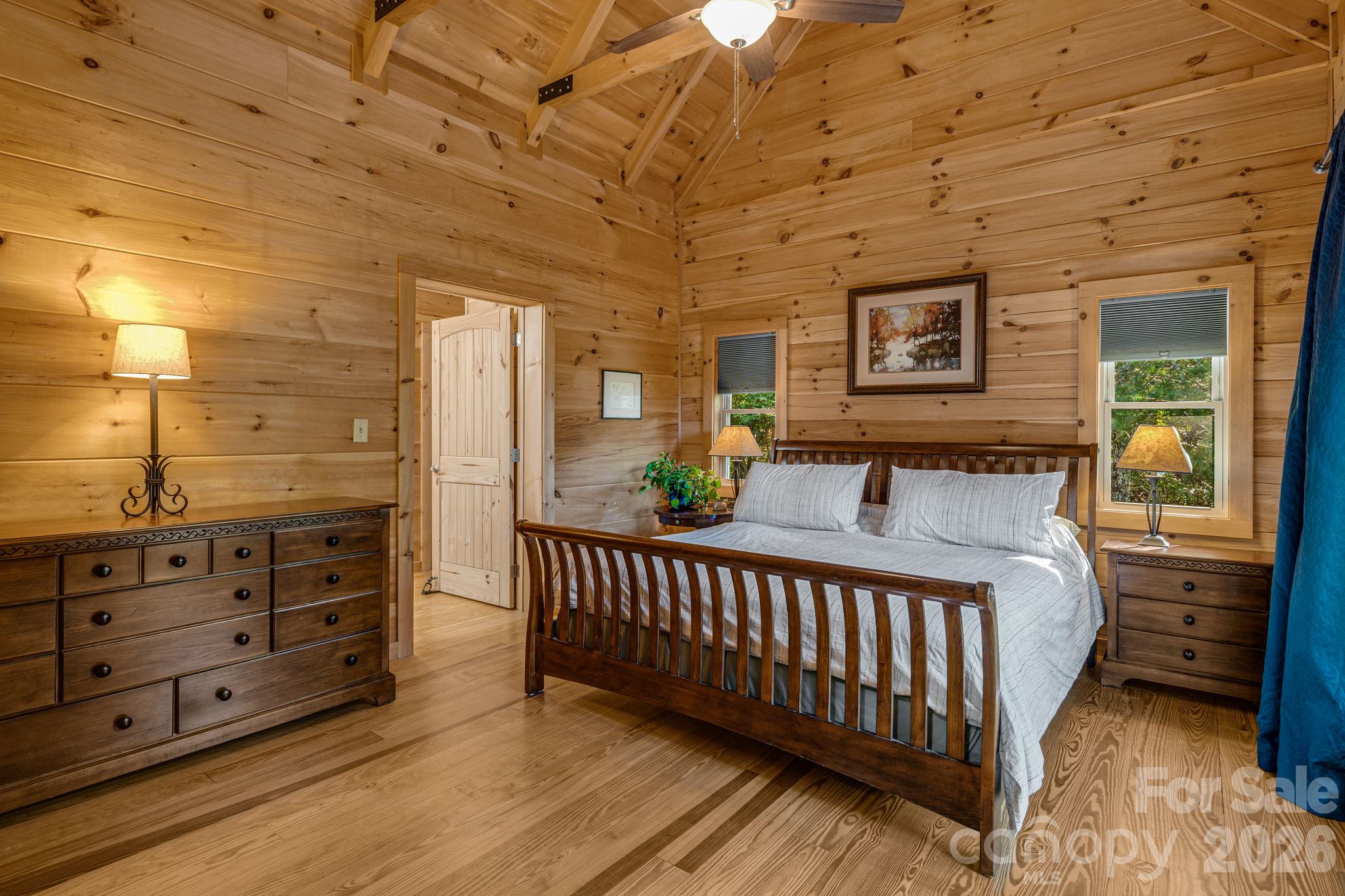 Primary Bedroom (king bed in pic). Vaulted Ceiling - 576 Pheasant Street, Lake Lure