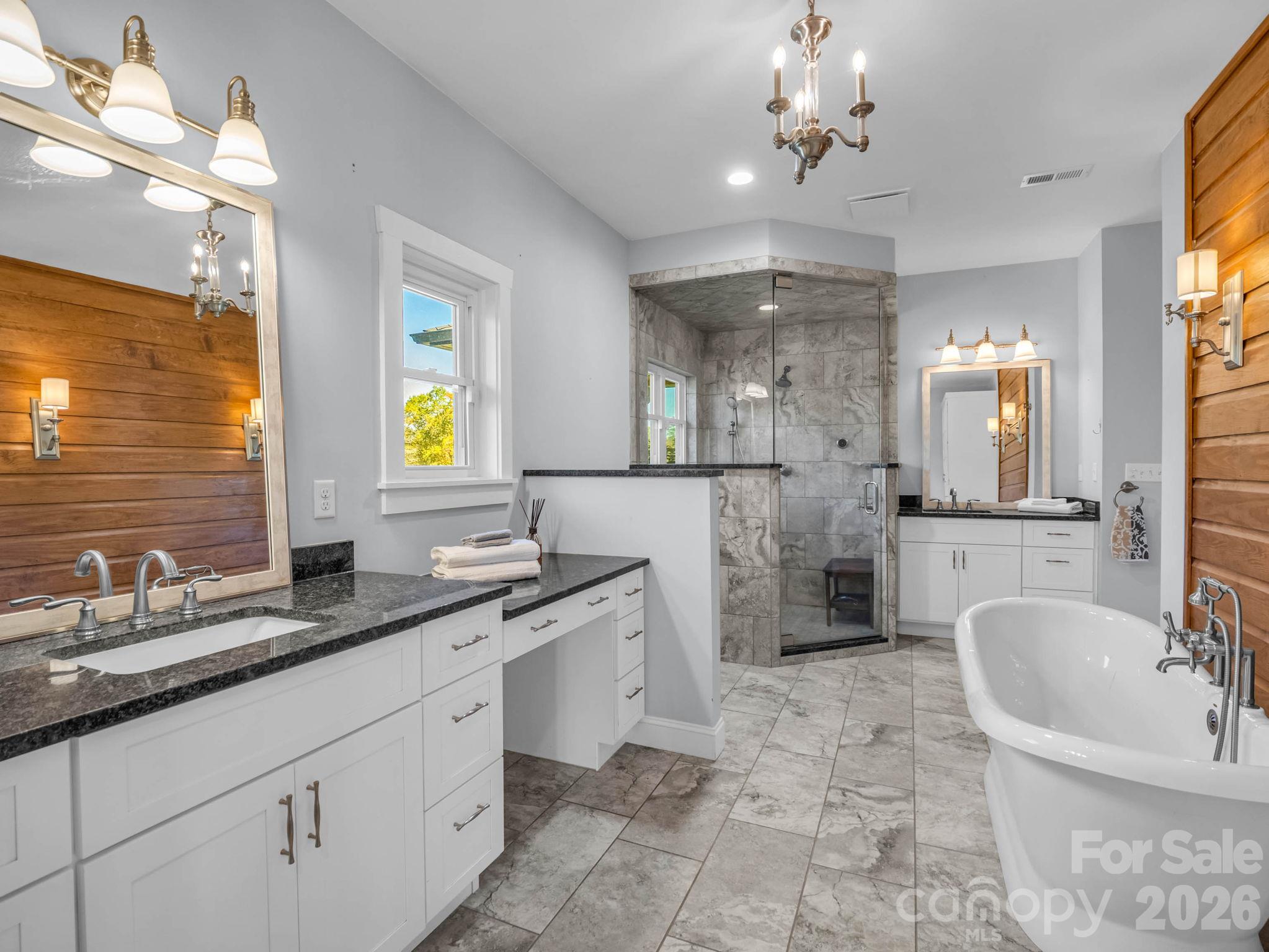 Main Bath - Dual Sinks, Soaking Tub, Built In Storage - 401 Over Hill Drive, Tryon