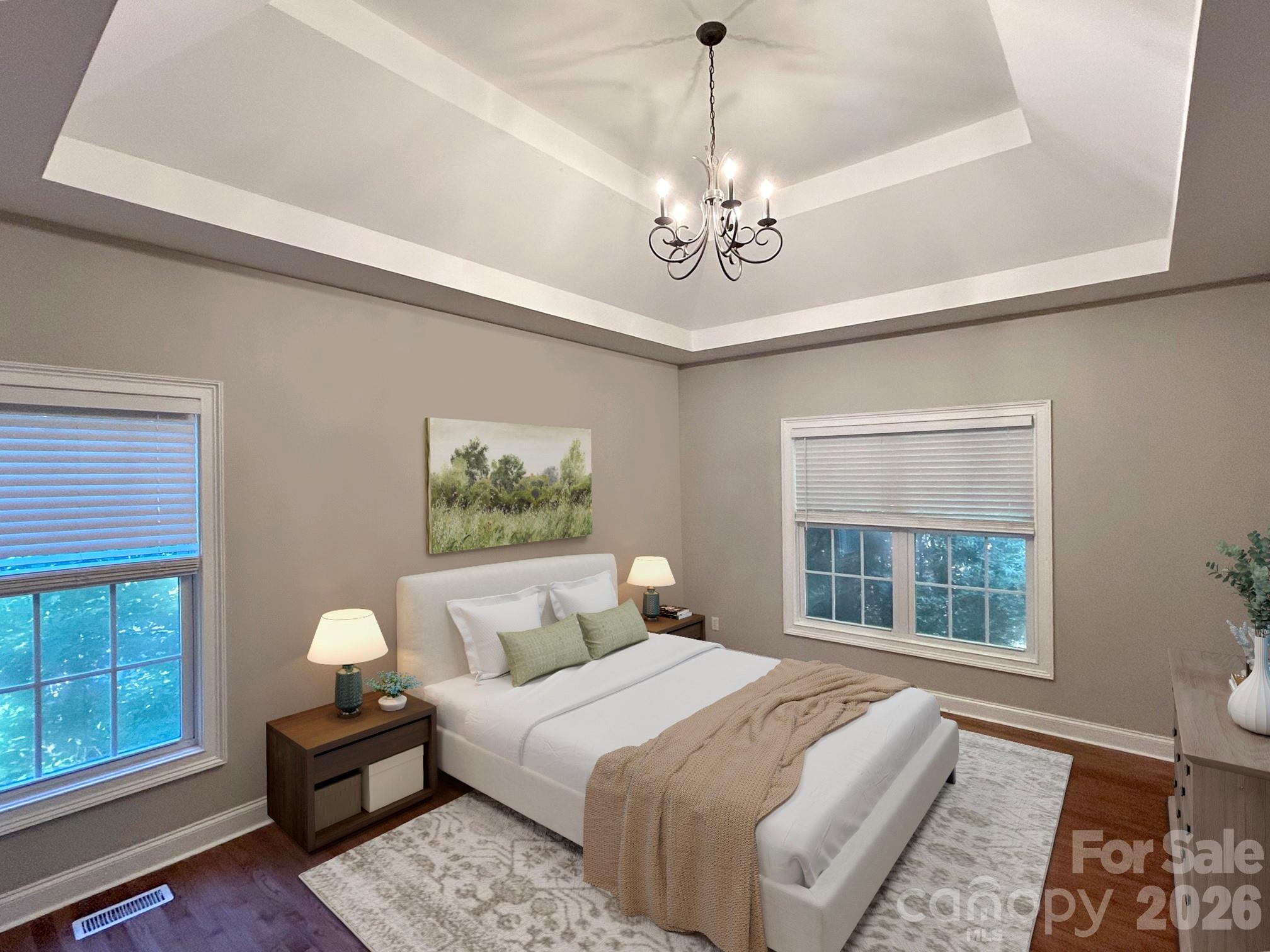 Virtually Staged Primary Bedroom with tray ceiling - 201 Colonel Holcombe Place, Candler
